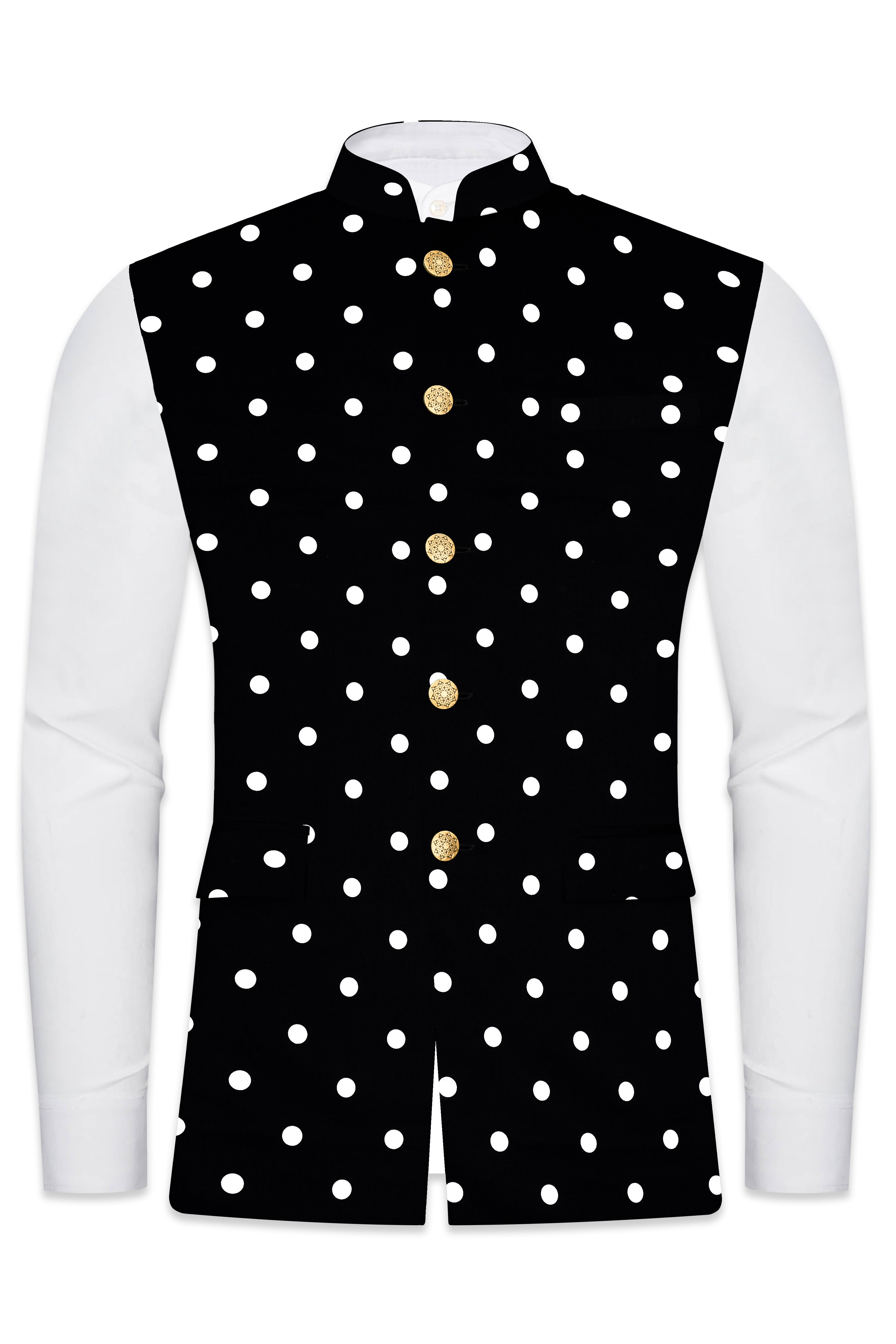 Noirdot-Jade Black Polka Dots Printed Premium Cotton Nehru Jacket