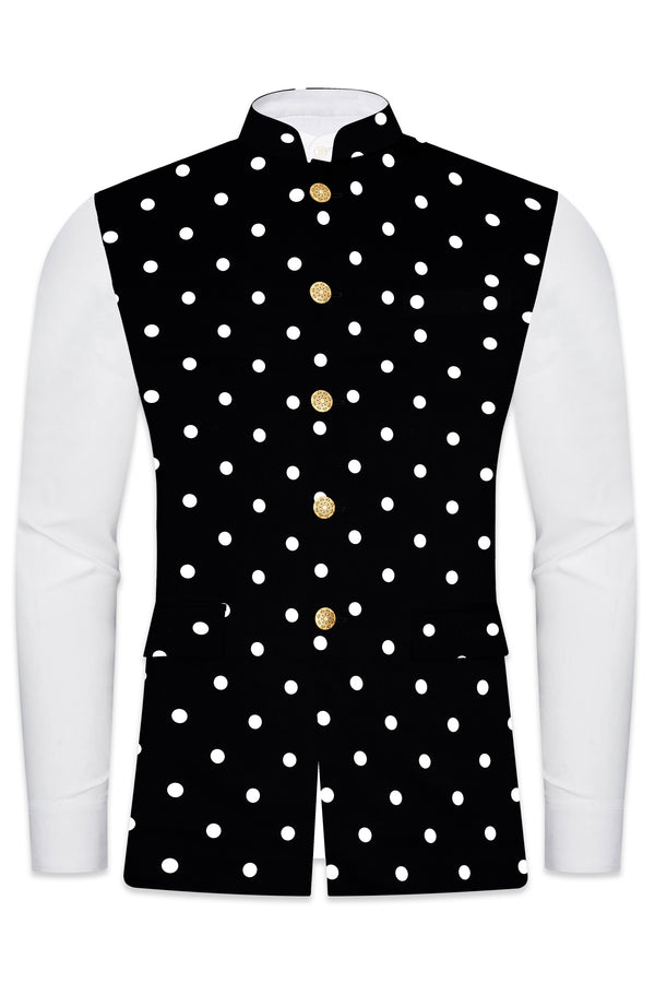 Noirdot-Jade Black Polka Dots Printed Premium Cotton Nehru Jacket