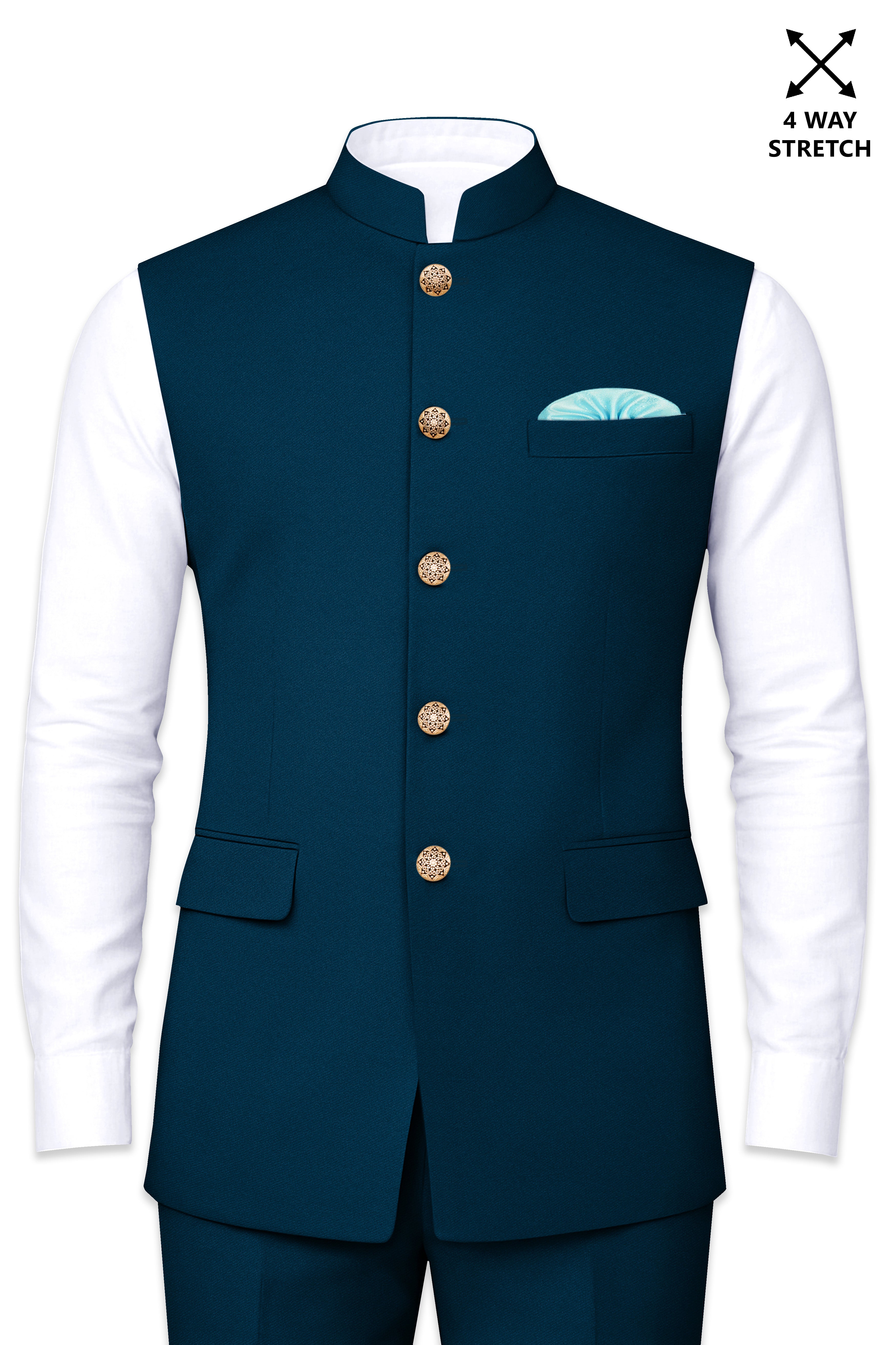 Aureblu-Korean Prussian Blue 4-Way Stretch Wool Rich Nehru Jacket