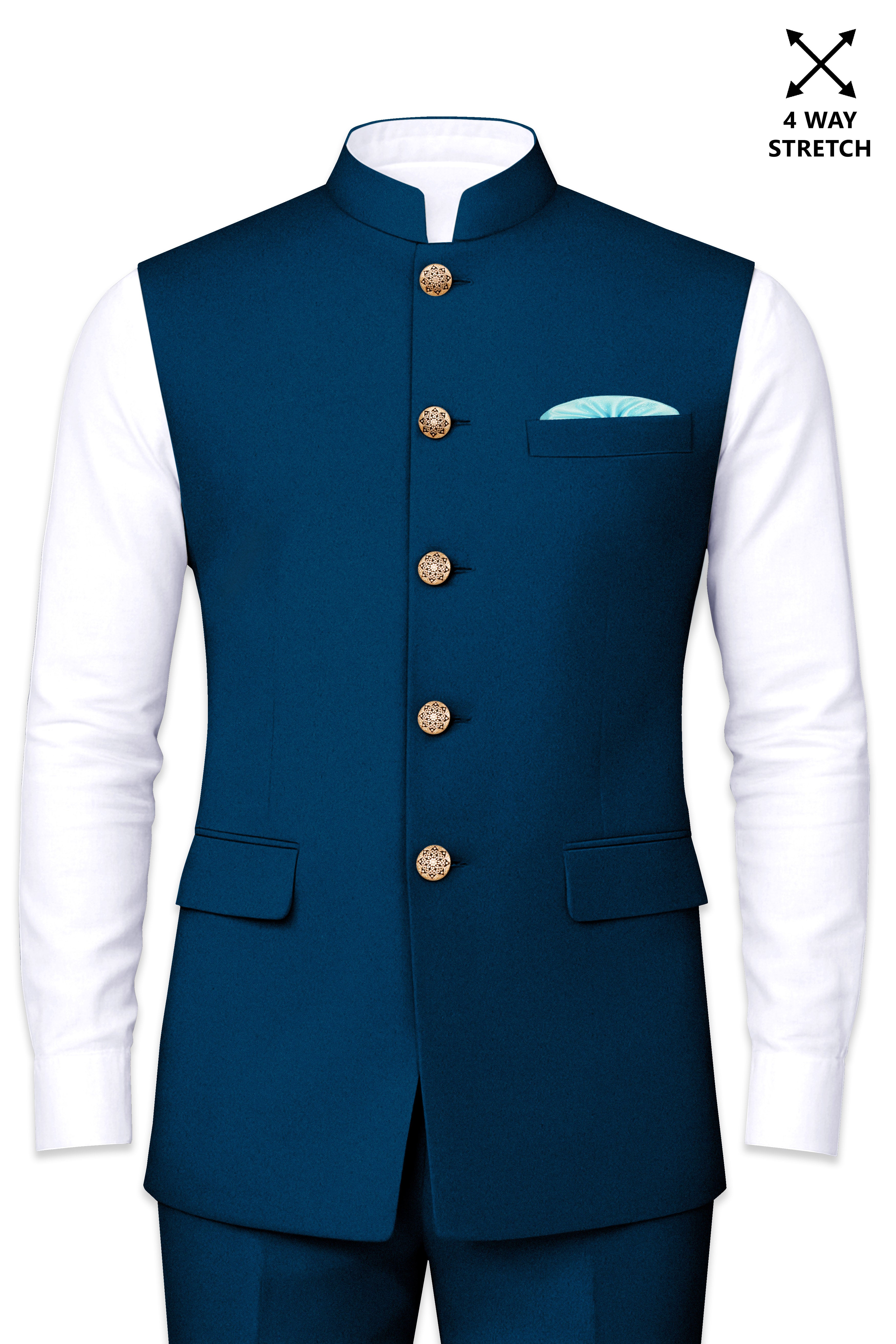 Aureblu-Korean Prussian Blue 4-Way Stretch Wool Rich Nehru Jacket