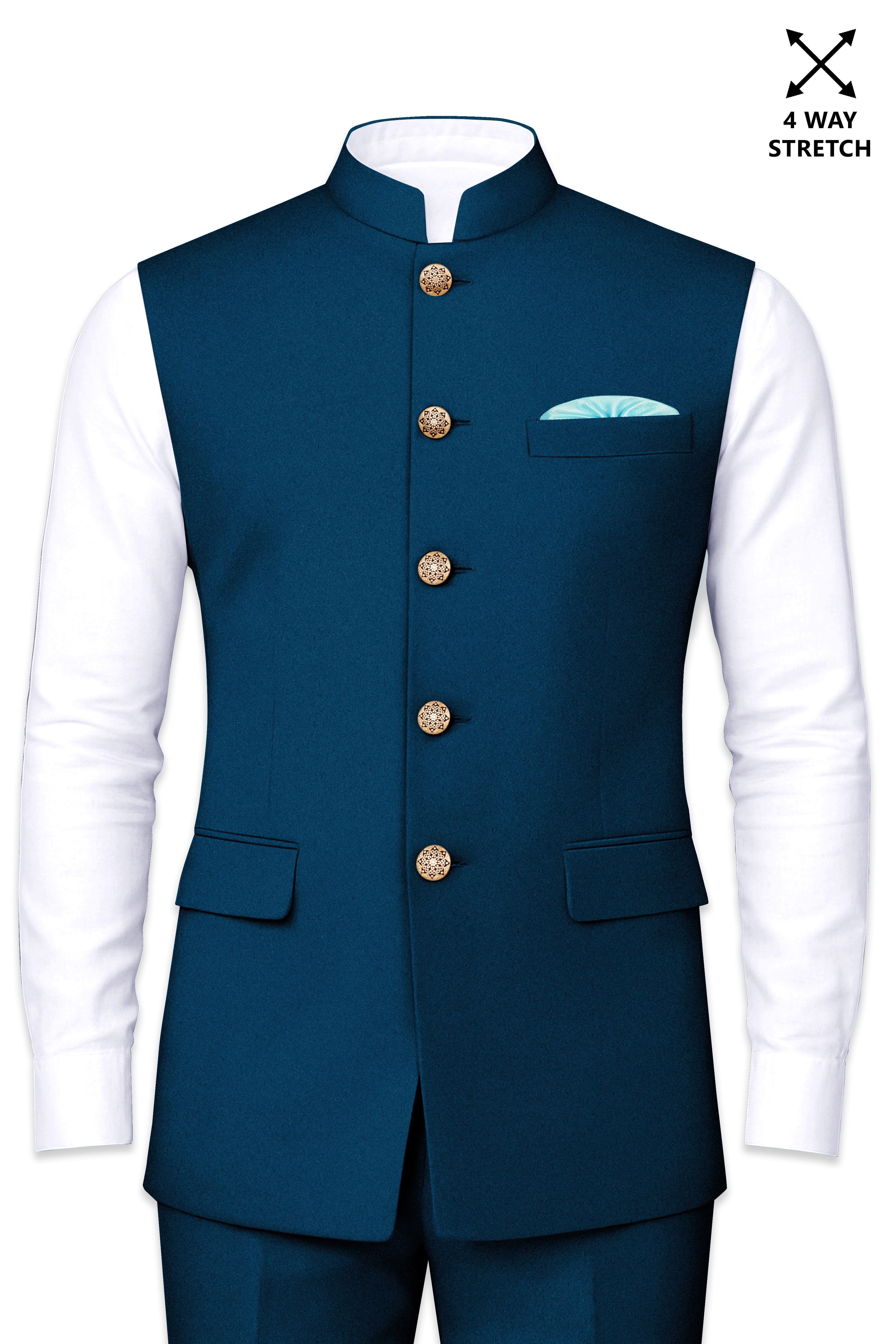Aureblu-Korean Prussian Blue 4-Way Stretch Wrinkle-Free Wool Rich Nehru Jacket