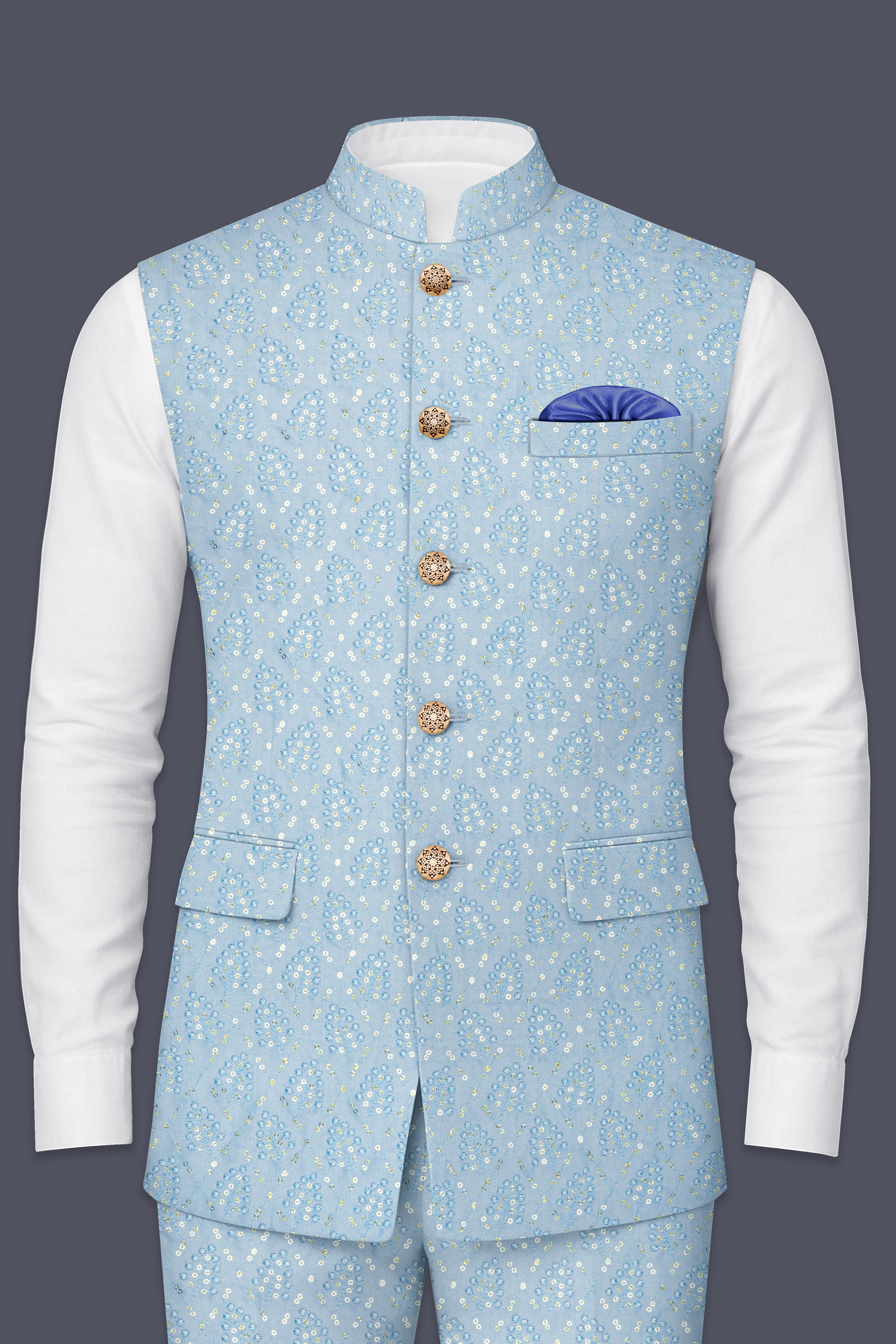 Azurora-Carolina Blue Thread and Sequin Embroidered Designer Nehru Jacket