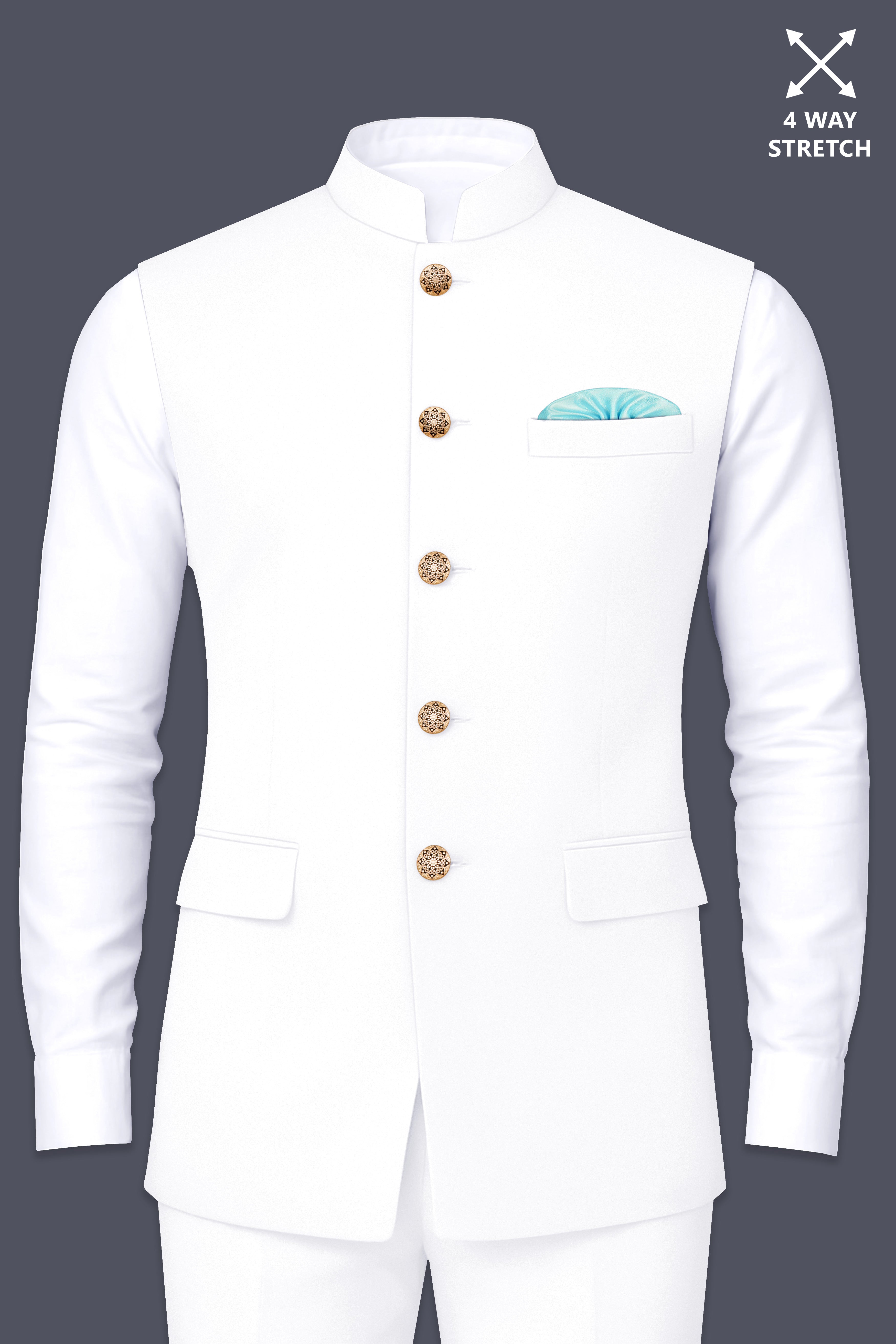 Shiro-Japanese Bright White 4-Way Stretch Wrinkle-Free Wool Rich Nehru Jacket