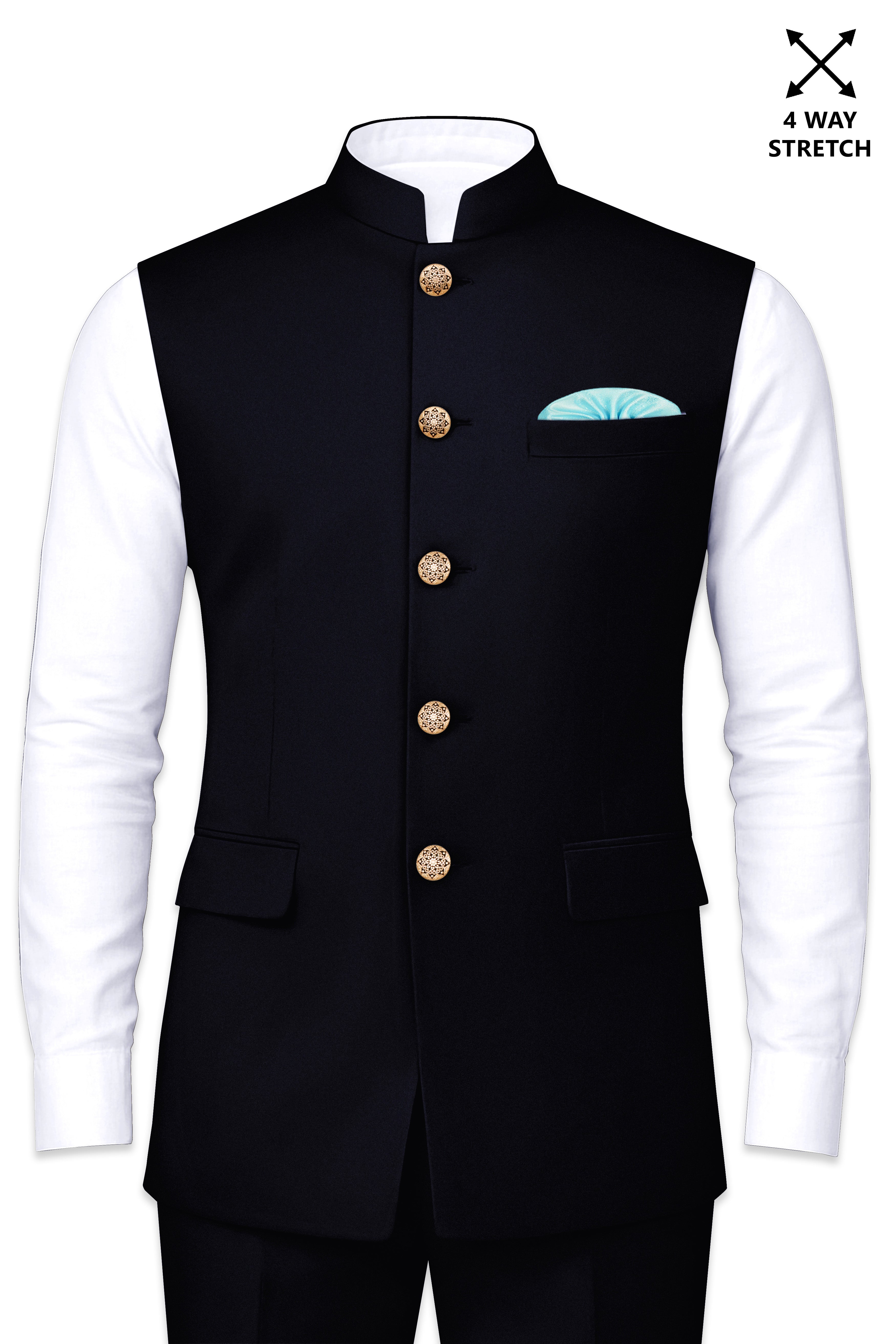 Aozora-Japanese Marine Blue 4-Way Stretch Wrinkle-Free Wool Rich Nehru Jacket