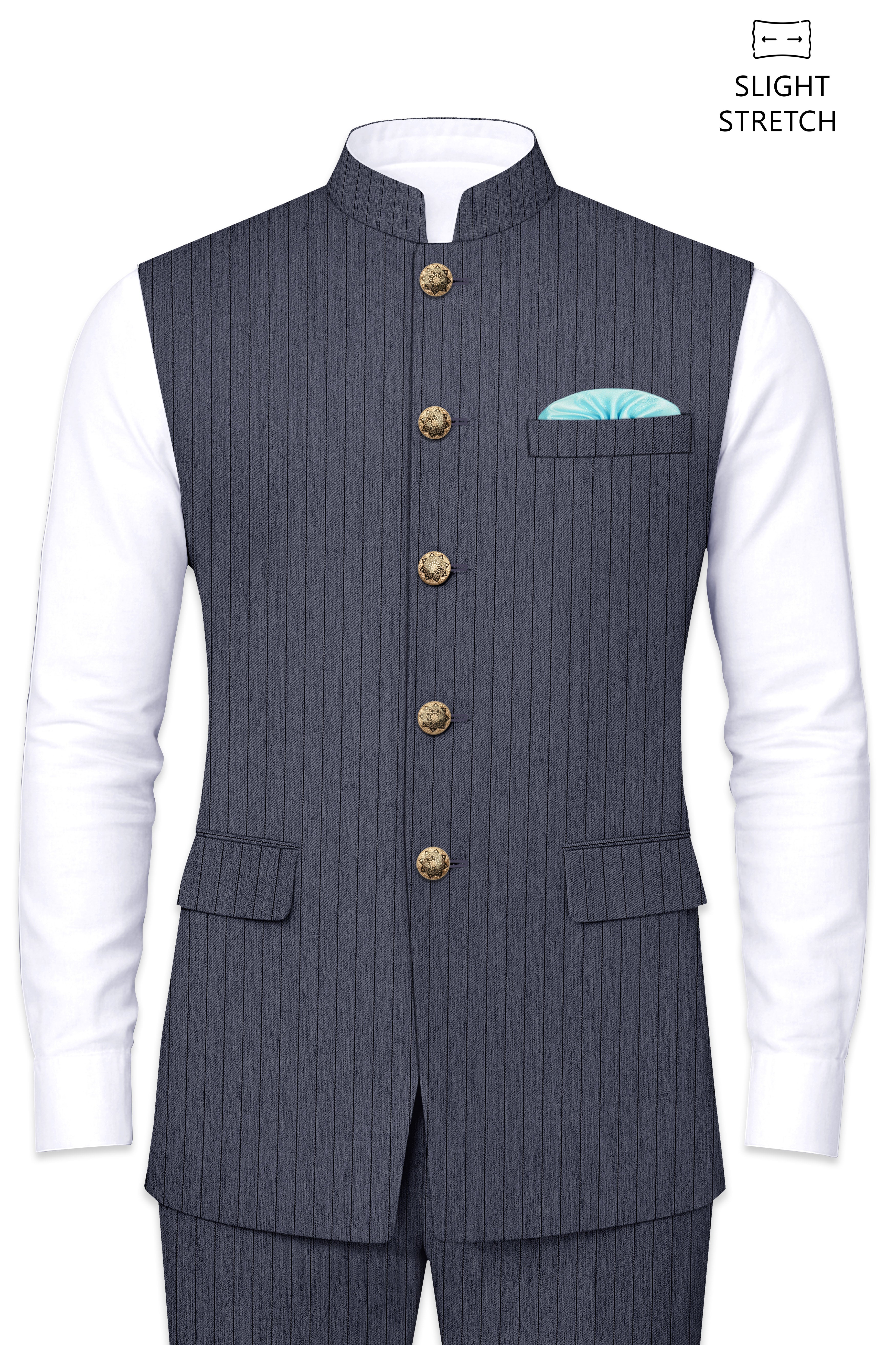 Azurion-Ninja Blue Pin Striped Wool Rich Slight Stretch Nehru Jacket