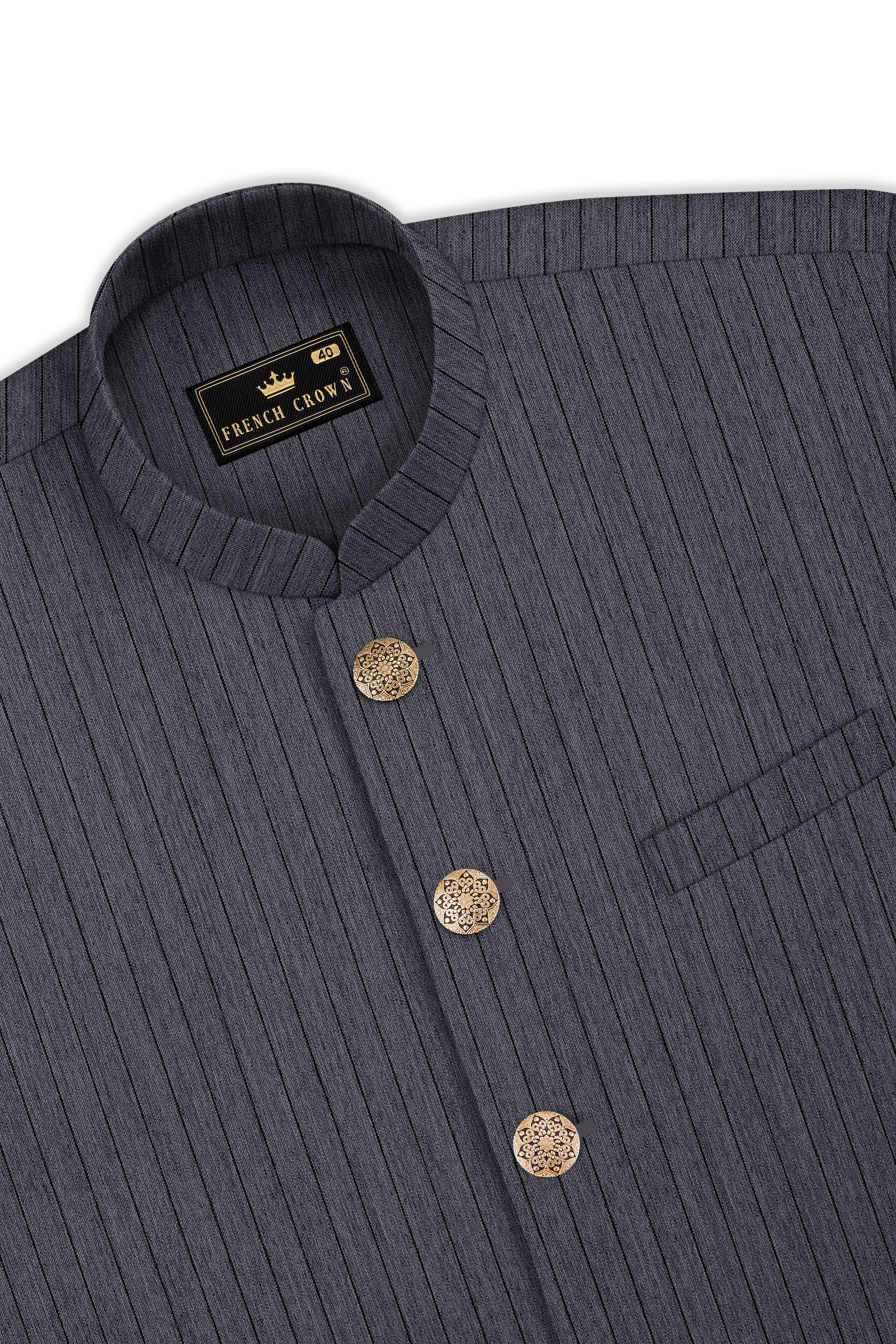 Noctaro-Vampire Gray Pin Striped Wool Rich Slight Stretch Nehru Jacket