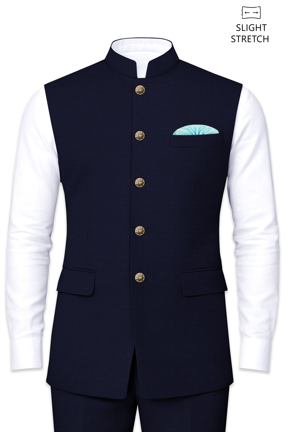 Sapphire-Haiti Blue Diamond Textured Wool Rich Slight Stretch Nehru Jackets
