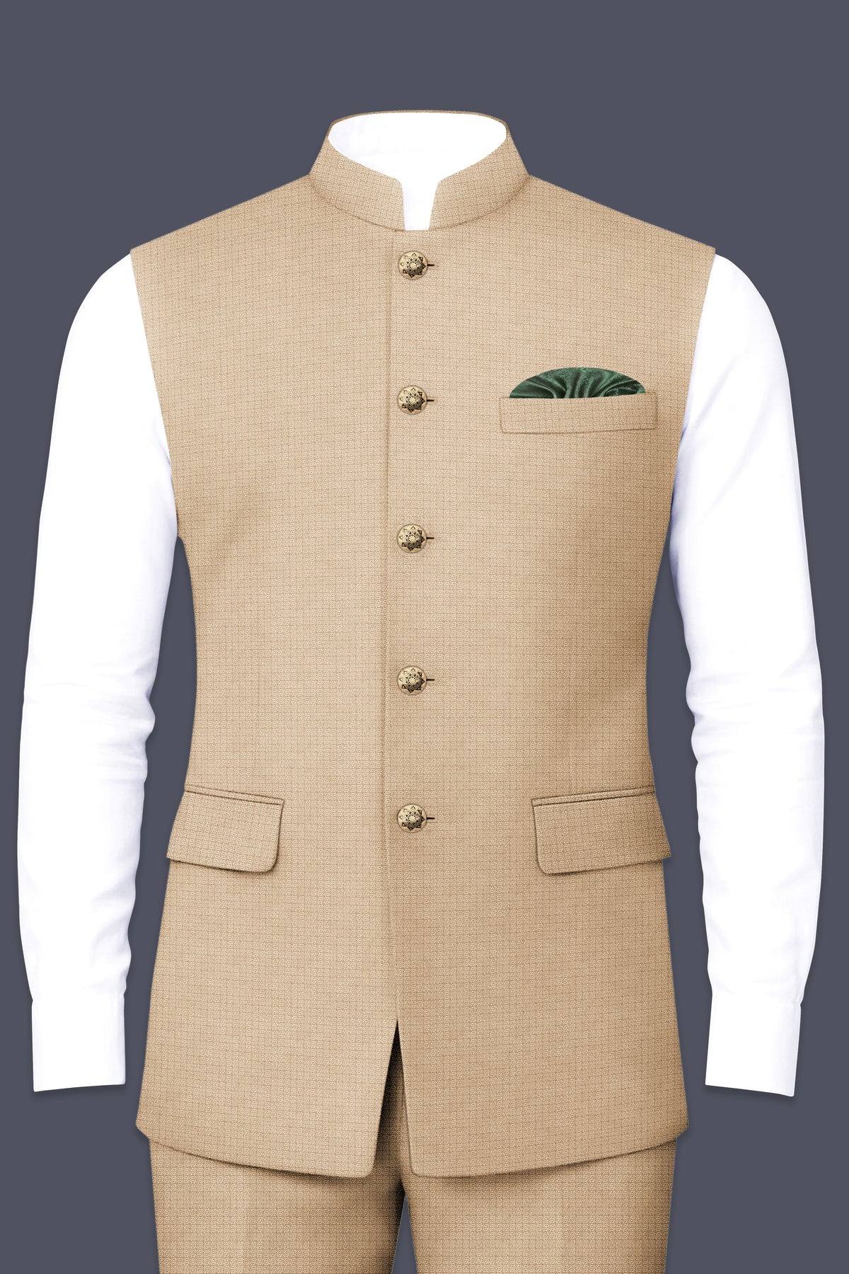 Mahogany-Pavlova Brown Diamond Textured Wool Rich Slight Stretch Nehru Jackets