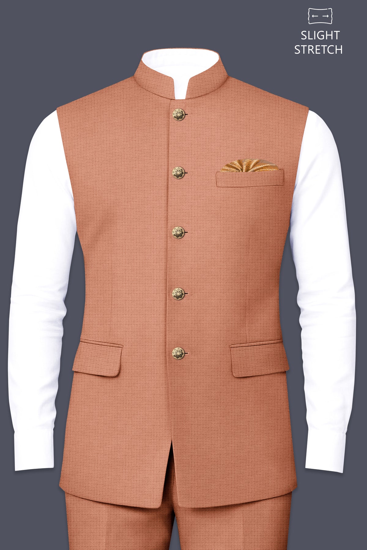 Terracotta-Salmon Brown Diamond Textured Wool Rich Slight Stretch Nehru Jackets