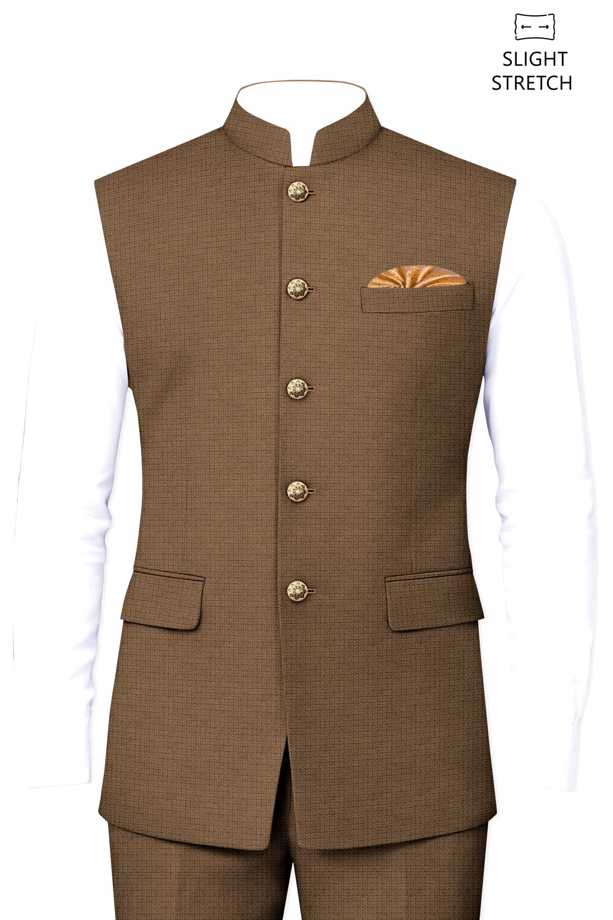 Cordovan-Mondo Brown Diamond Textured Wool Rich Slight Stretch Nehru Jackets