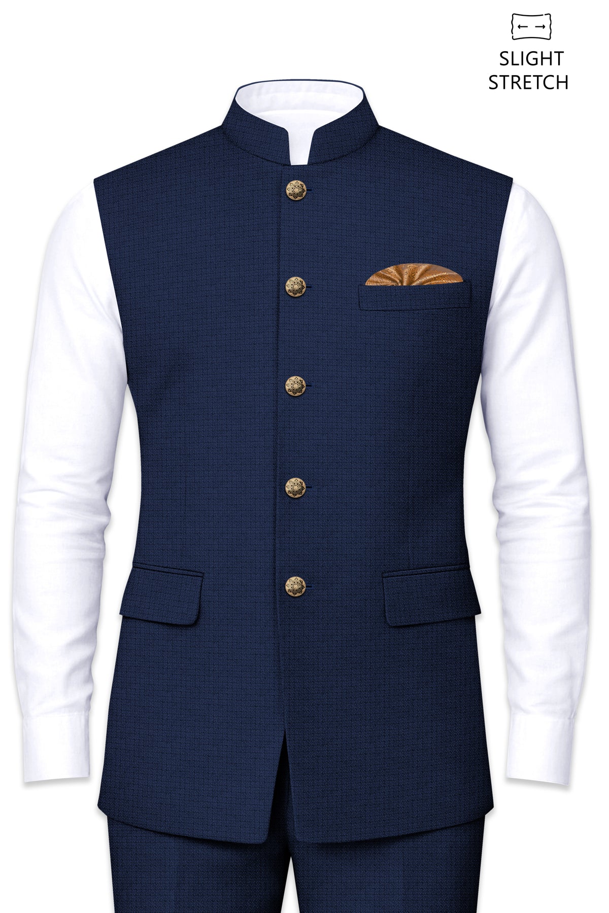 Regent-Ebony Blue Diamond Textured Wool Rich Slight Stretch Nehru Jackets