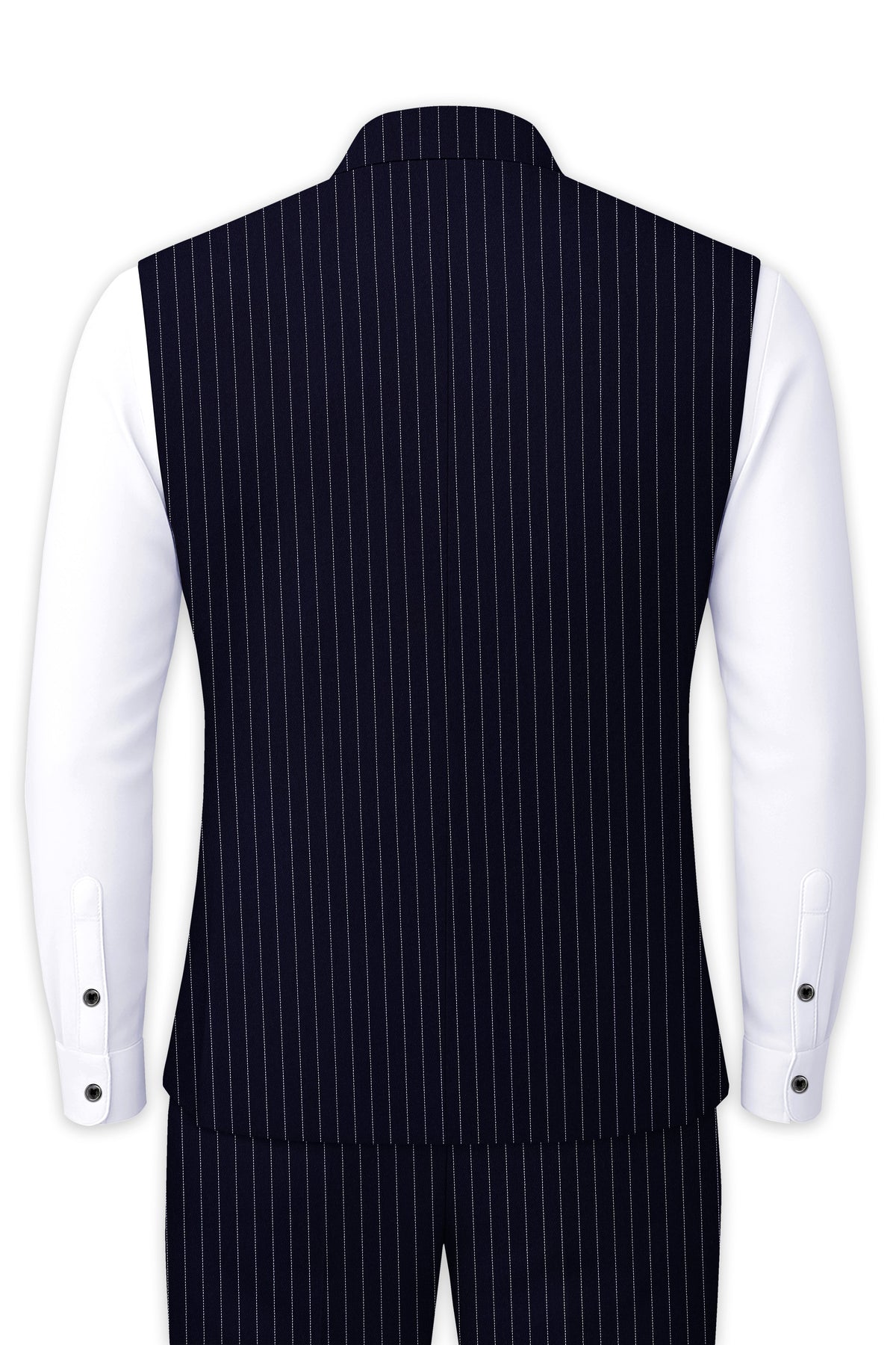 Mariner-Denim Blue And Bright White Chalk Striped Wool Rich Wrinkle-Free Fluid Drape Fabric Nehru Jackets