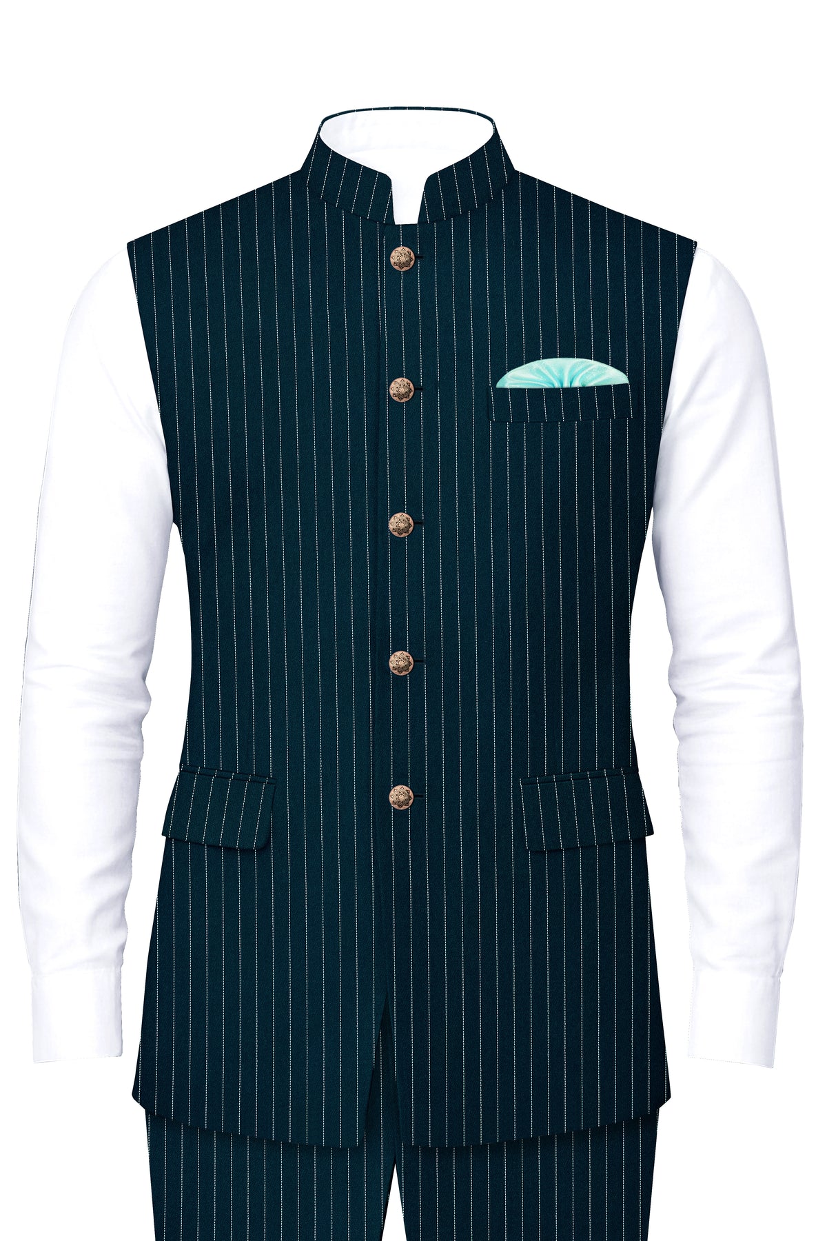 Zenith-Imperial Teal And Bright White Chalk Striped Wool Rich Wrinkle-Free Fluid Drape Fabric Nehru Jackets
