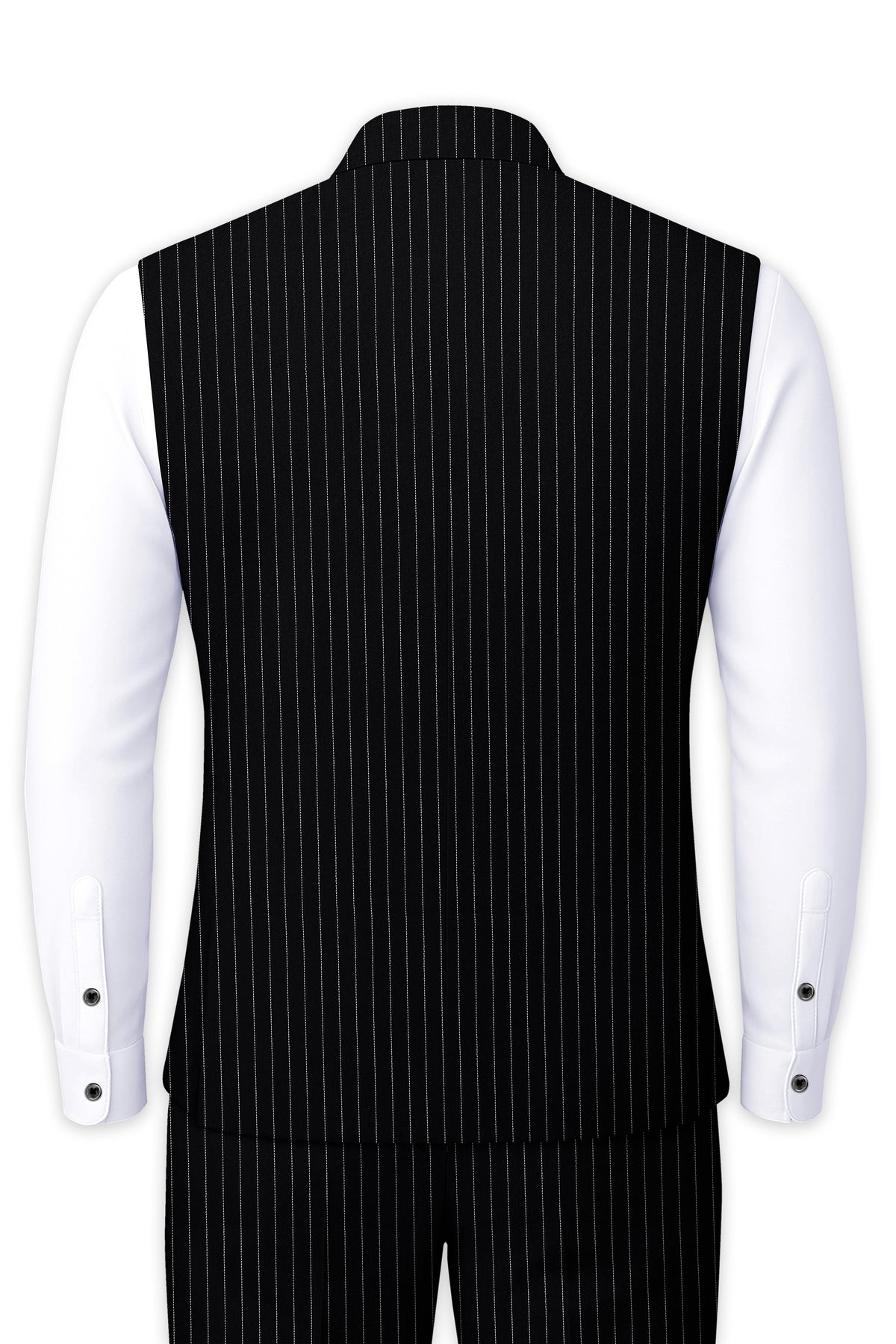 Gravitas-Jade Black And Bright White Chalk Striped Wool Rich Wrinkle-Free Fluid Drape Fabric Nehru Jackets