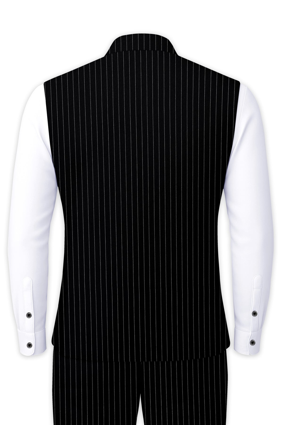 Noble-Jade Black Chalk Striped Wool Rich Wrinkle-Free Fluid Drape Fabric Nehru Jackets