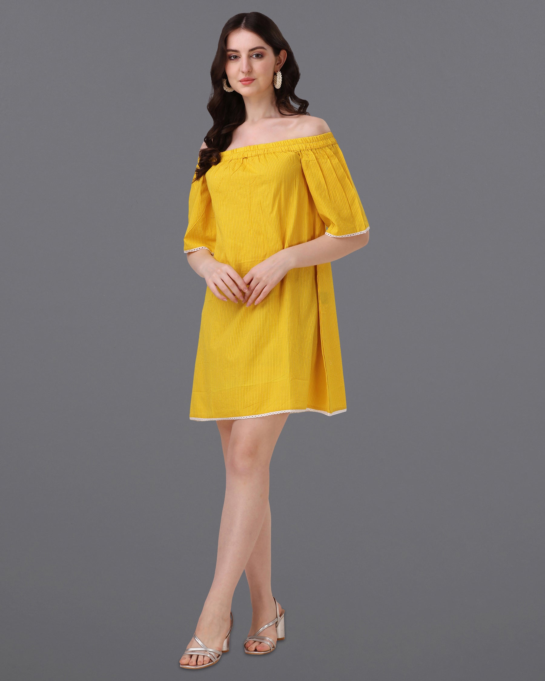 Macaroni Yellow Pinstriped Super Soft Premium Cotton Off-shoulder Dress WD044-32, WD044-34, WD044-36, WD044-38, WD044-40, WD044-42