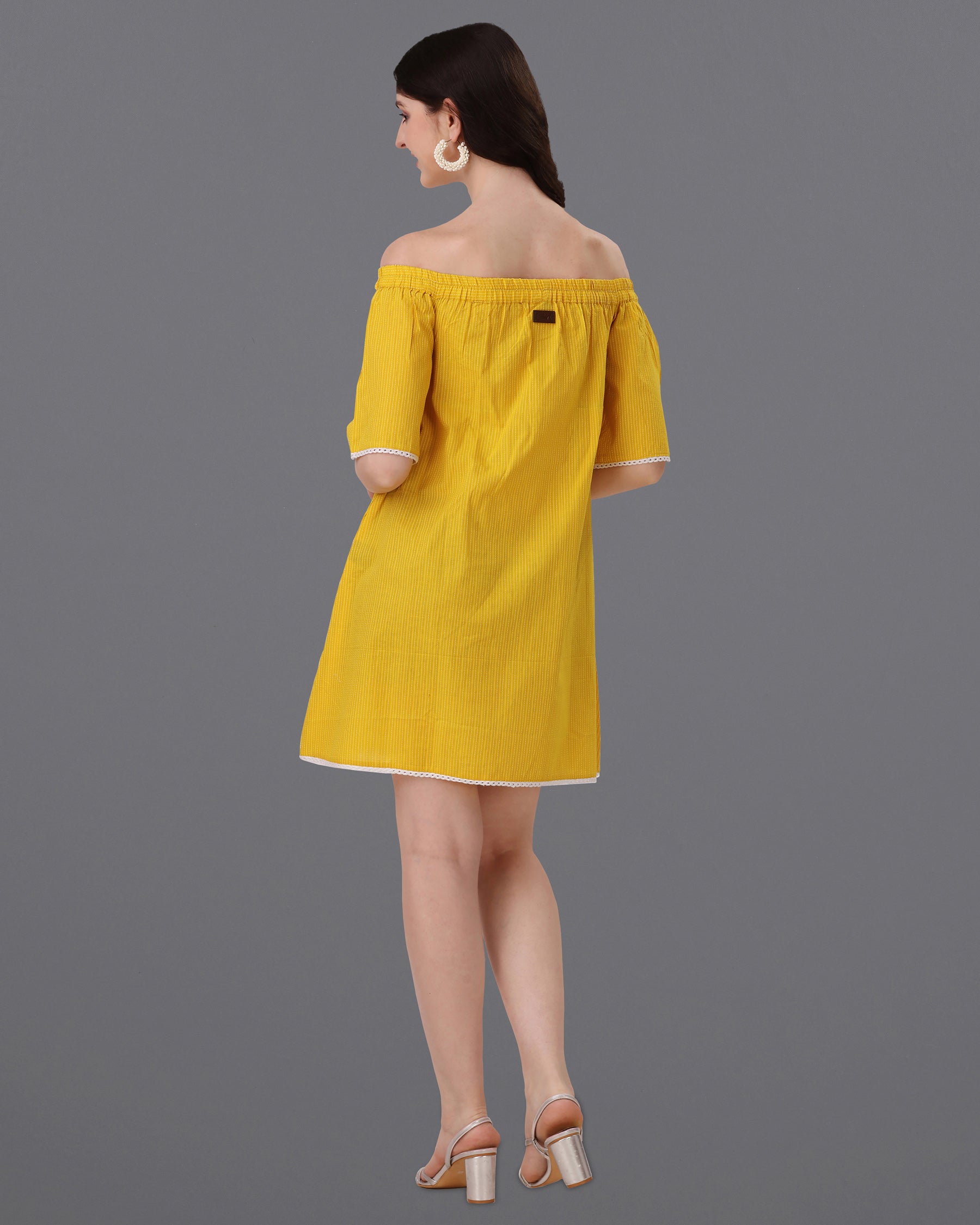 Macaroni Yellow Pinstriped Super Soft Premium Cotton Off-shoulder Dress WD044-32, WD044-34, WD044-36, WD044-38, WD044-40, WD044-42