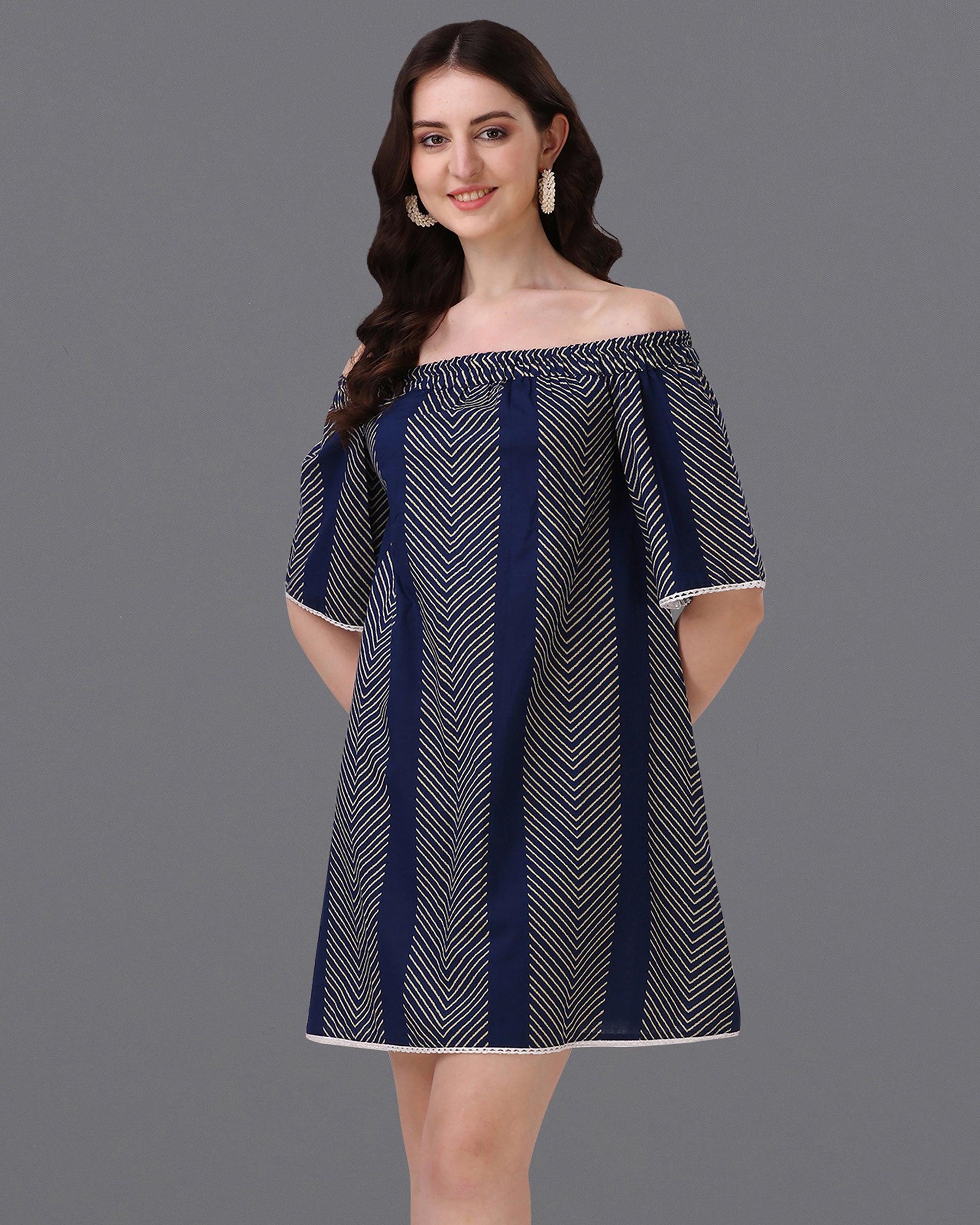 Ebony Clay Blue and Almond Geometric Print Super Soft Premium Cotton Off-shoulder Dress WD045-32, WD045-34, WD045-36, WD045-38, WD045-40, WD045-42