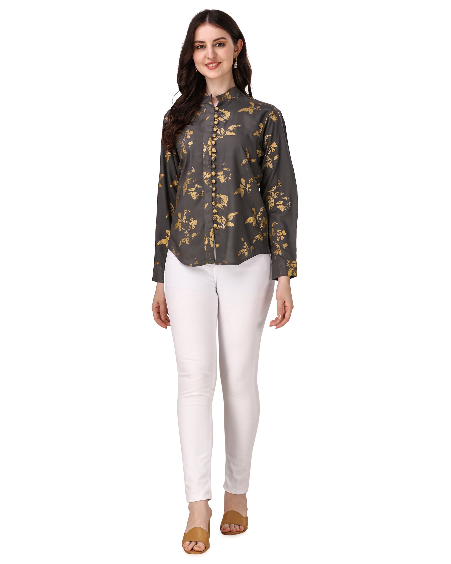 Vampire Brown With Leaves Foil Printed Premium Tencel Women’s Shirt