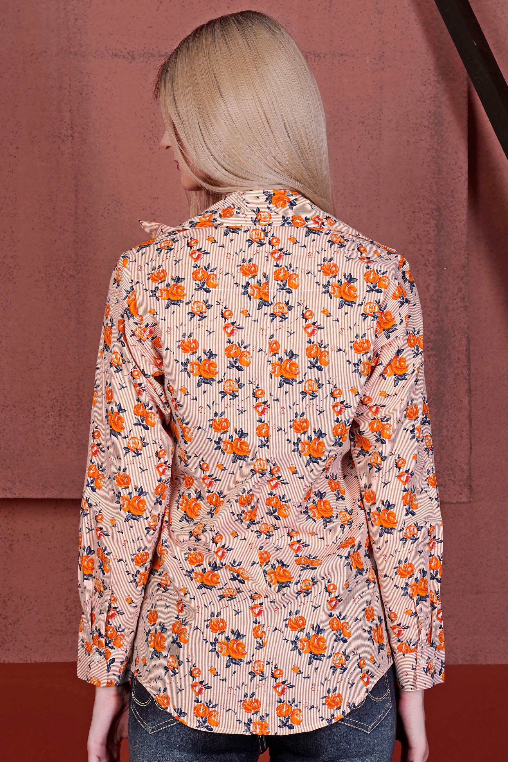 Pumpkin Orange and Burning Sand Brown Pinstriped with Floral Printed Premium Cotton Designer Shirt