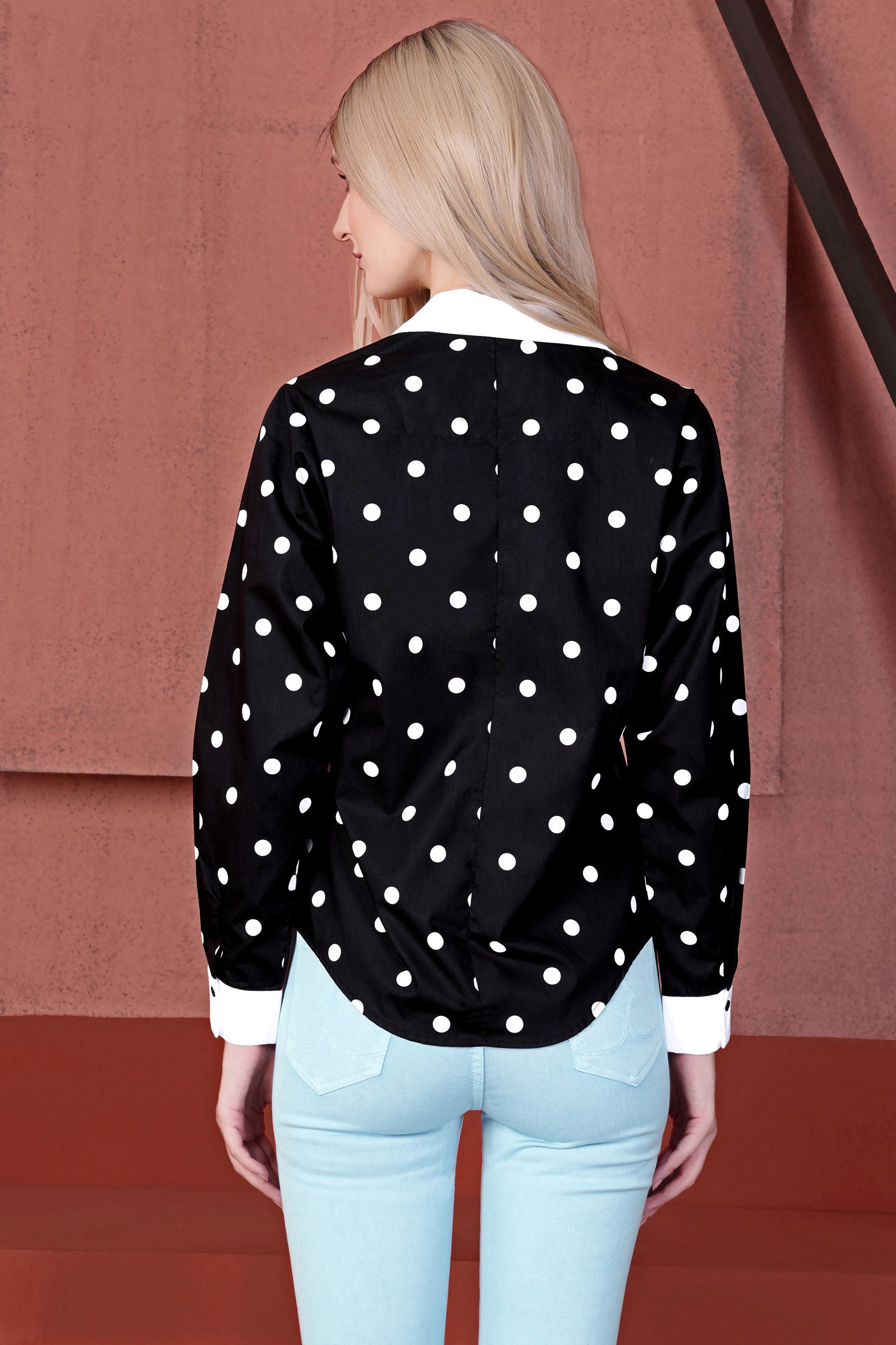 Jade Black and White Polka Dots Premium Cotton Shirt With White Cuffs and Collar