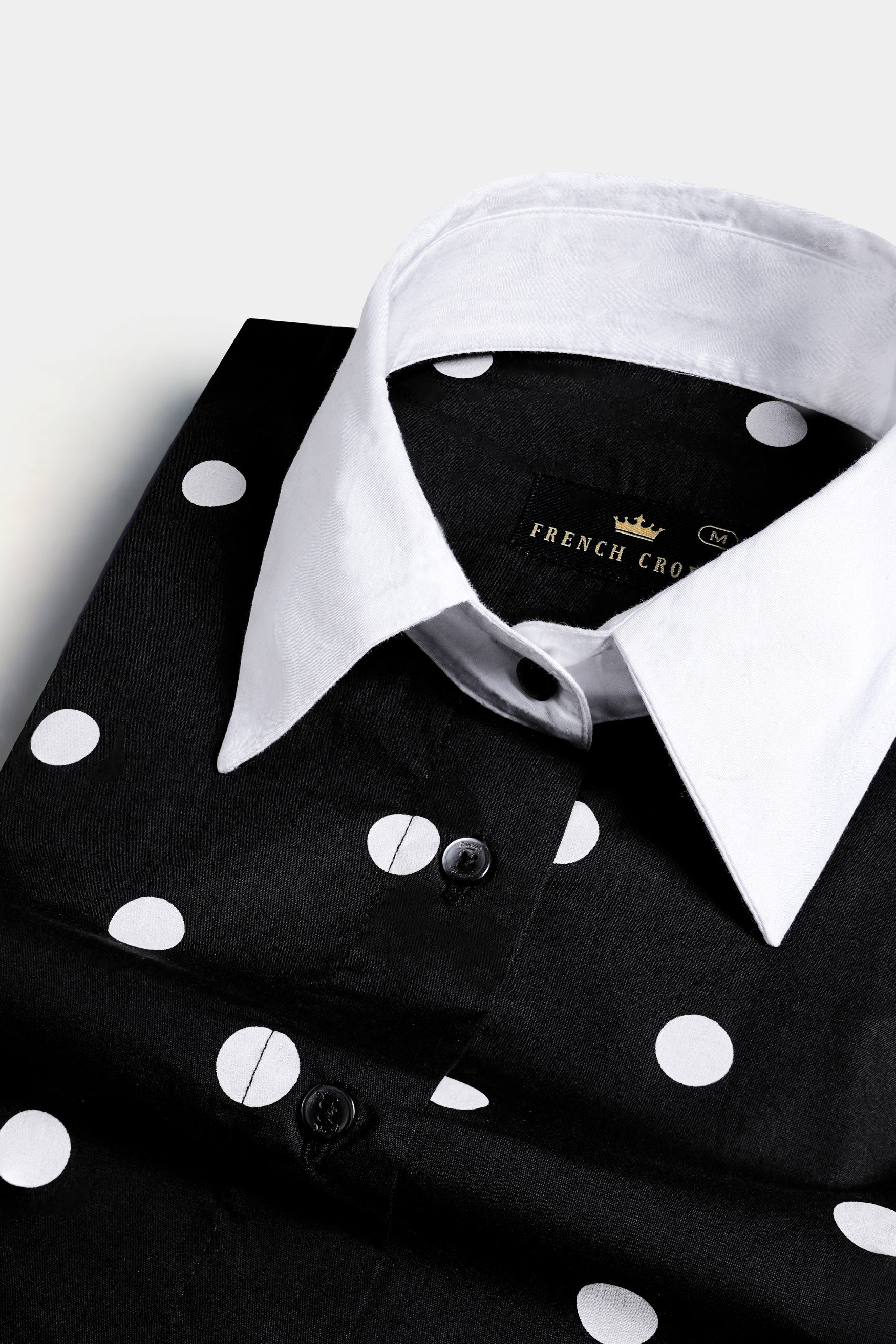 Jade Black and White Polka Dots Premium Cotton Shirt With White Cuffs and Collar