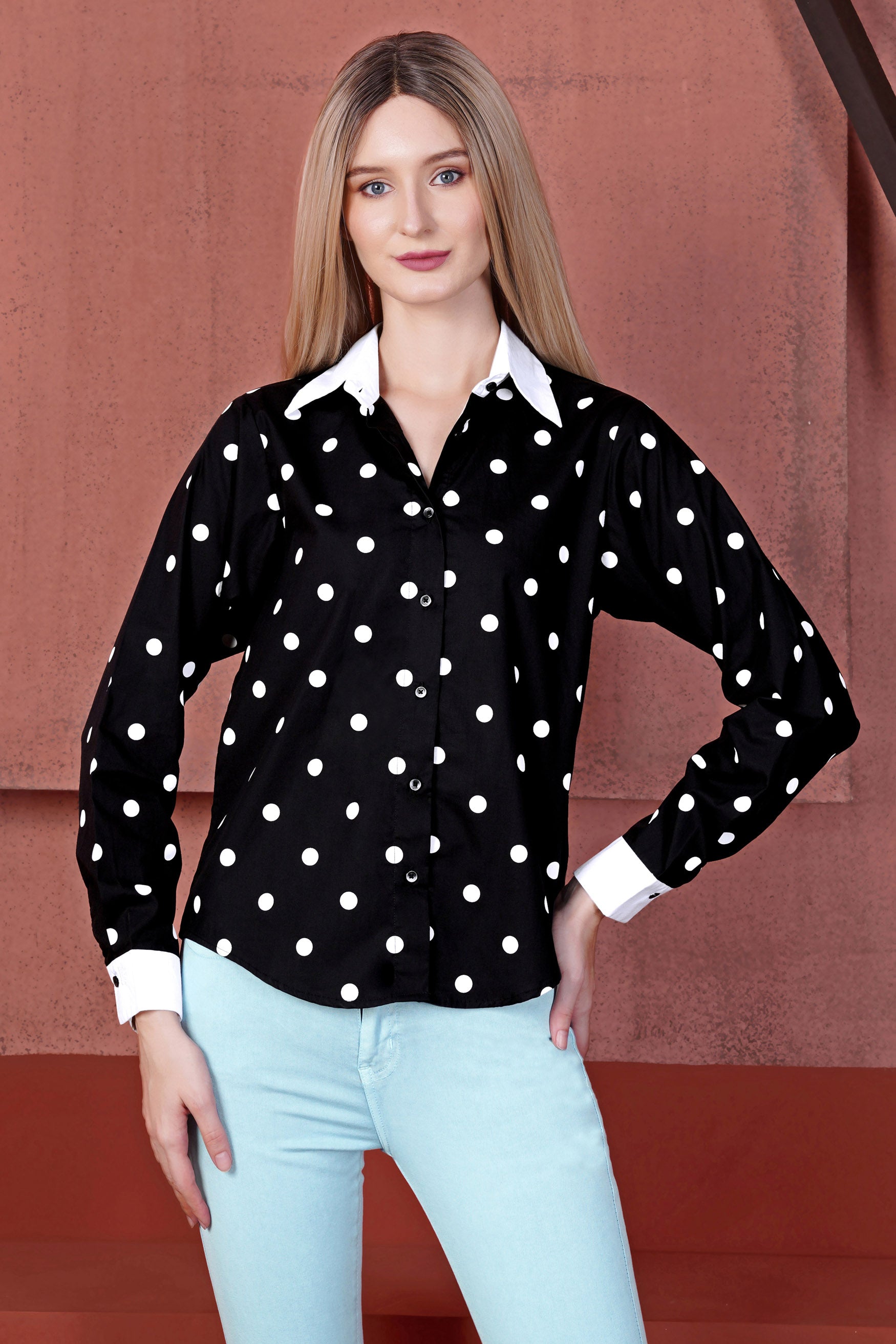 Jade Black and White Polka Dots Premium Cotton Shirt With White Cuffs and Collar