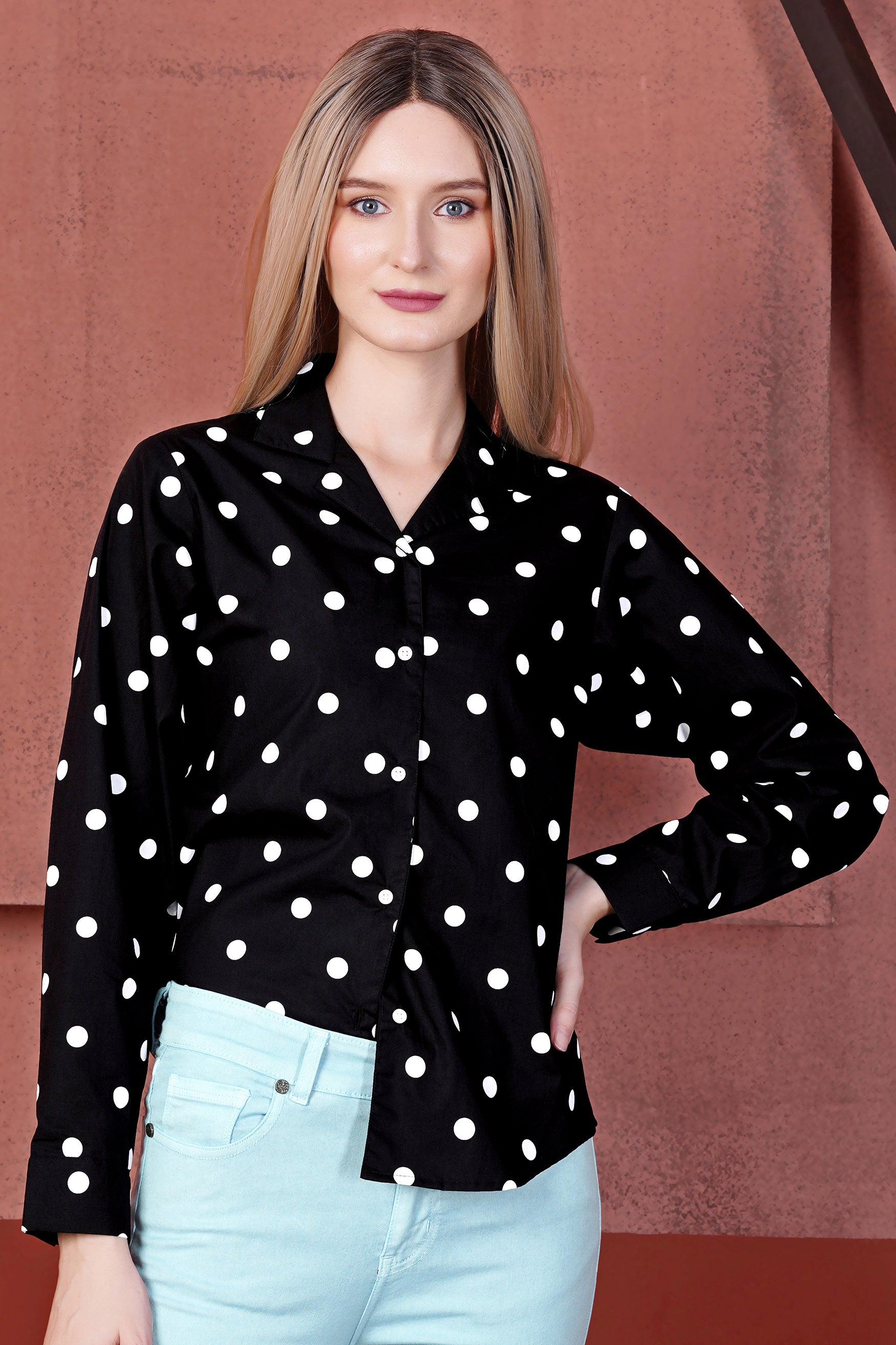 Jade Black and Bright White Polka Dots Premium Cotton Shirt