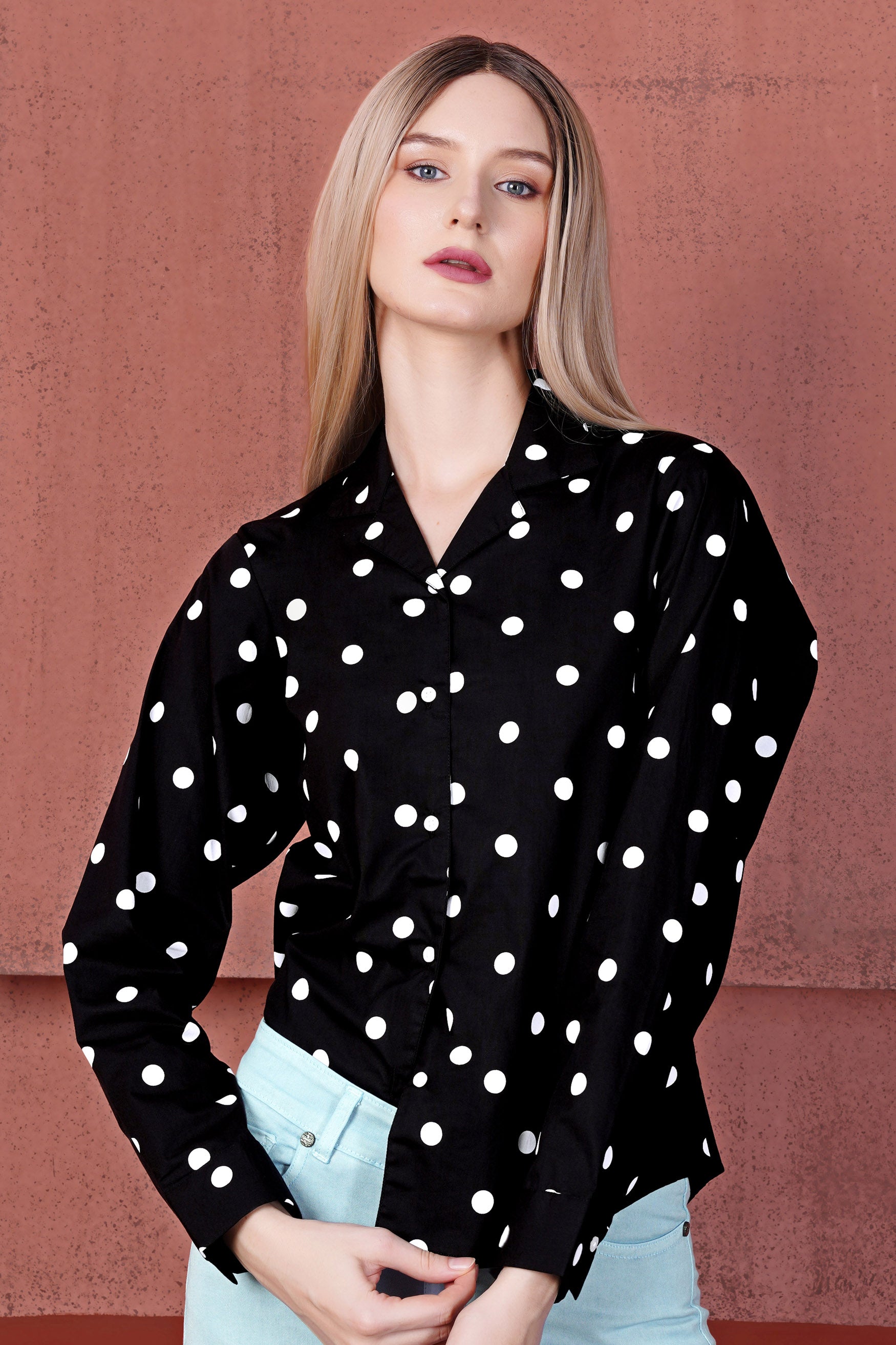 Jade Black and Bright White Polka Dots Premium Cotton Shirt