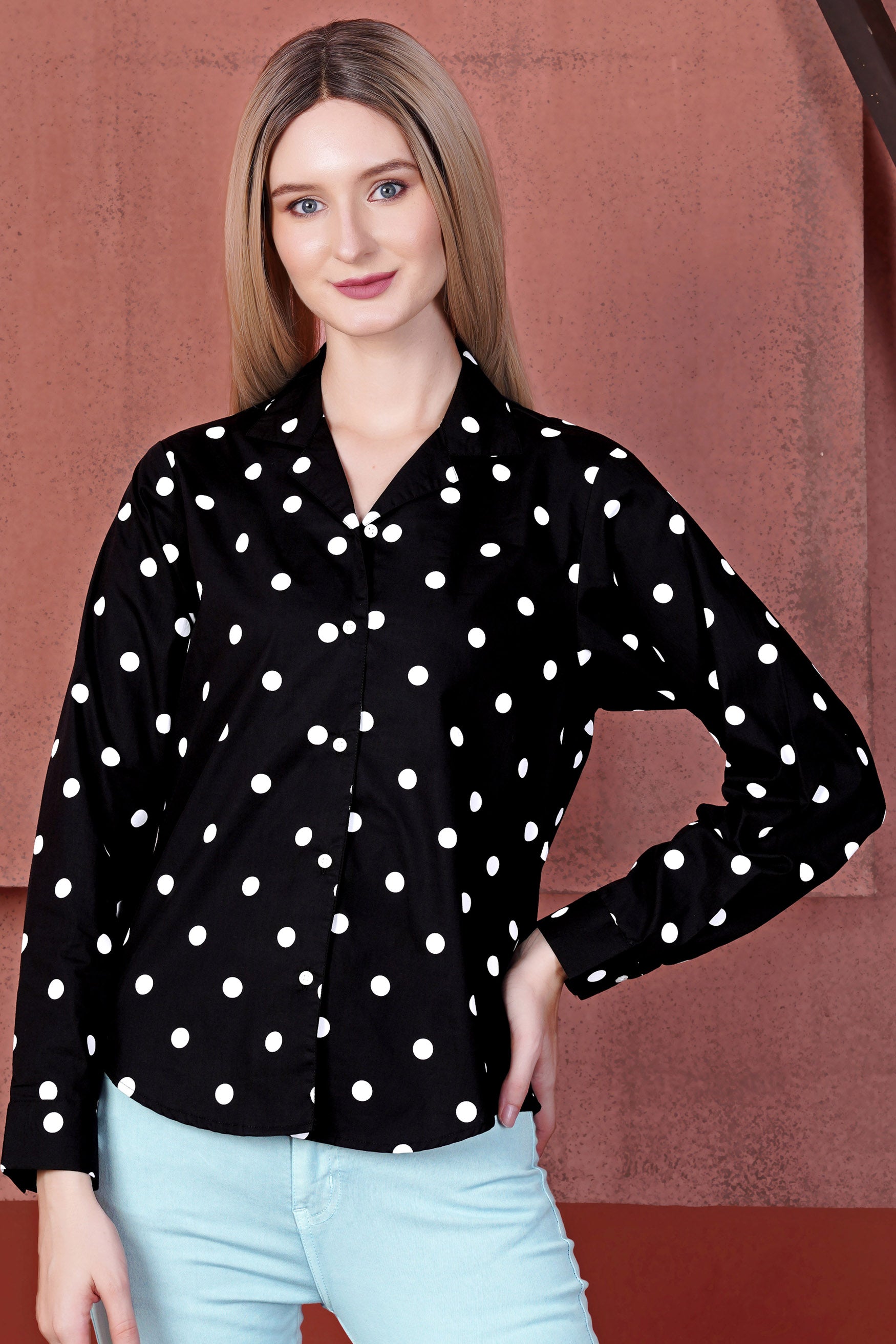 Jade Black and Bright White Polka Dots Premium Cotton Shirt