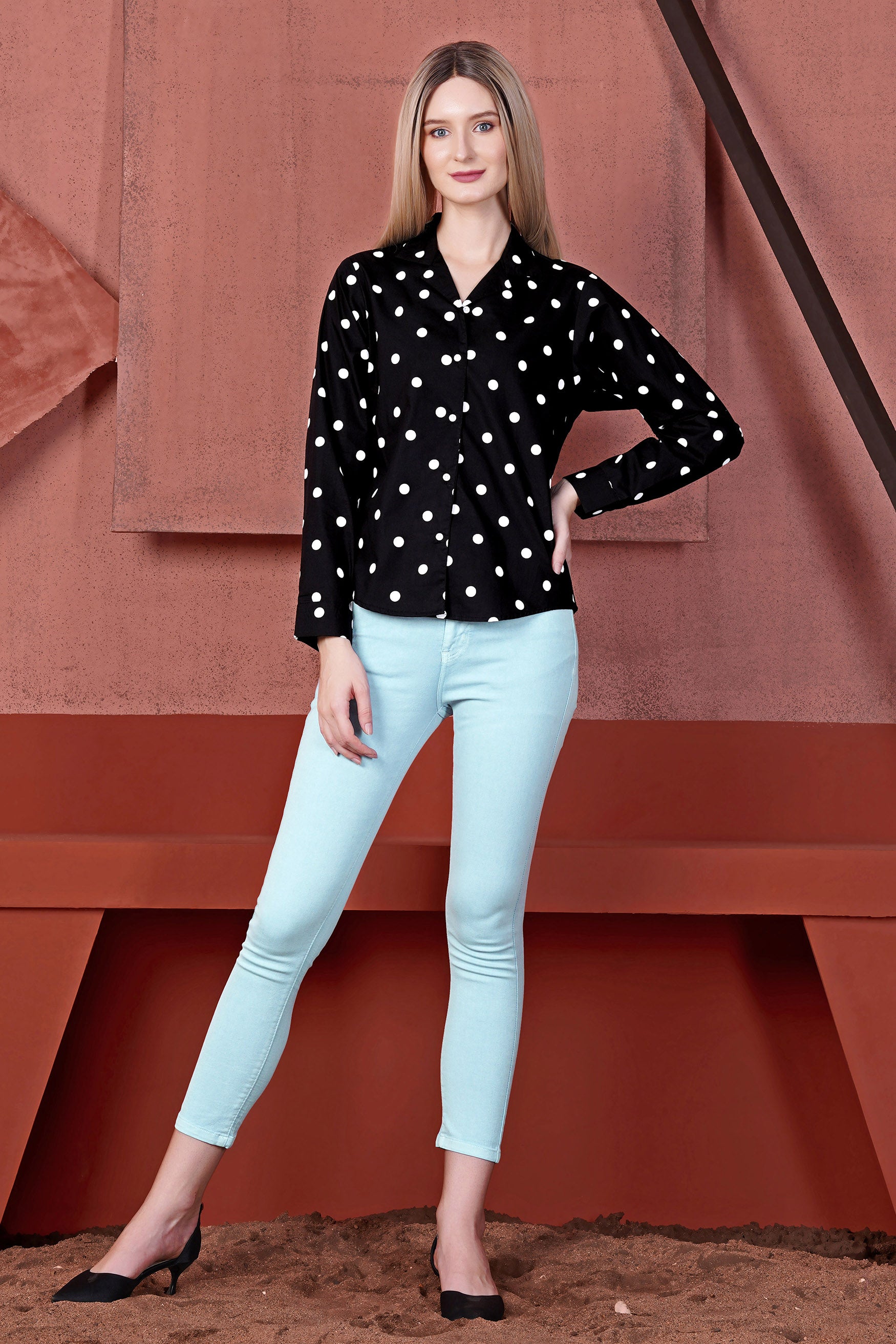 Jade Black and Bright White Polka Dots Premium Cotton Shirt