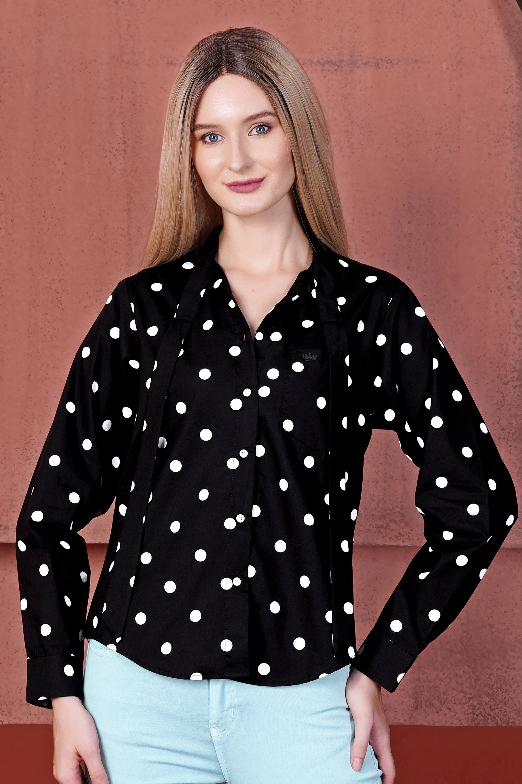 Jade Black and Bright White Polka Dots Premium Cotton Shirt With Tie-up Neck