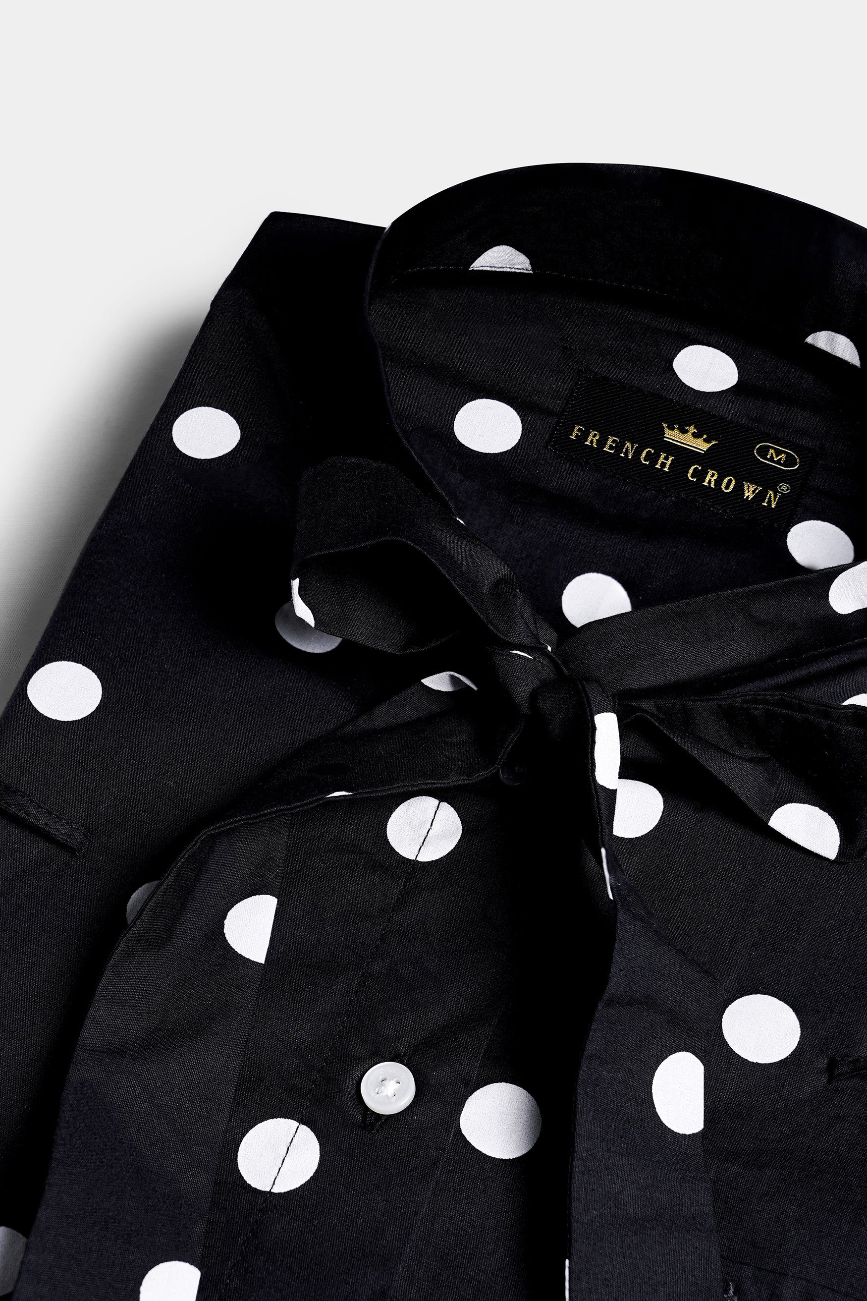 Jade Black and Bright White Polka Dots Premium Cotton Shirt With Tie-up Neck