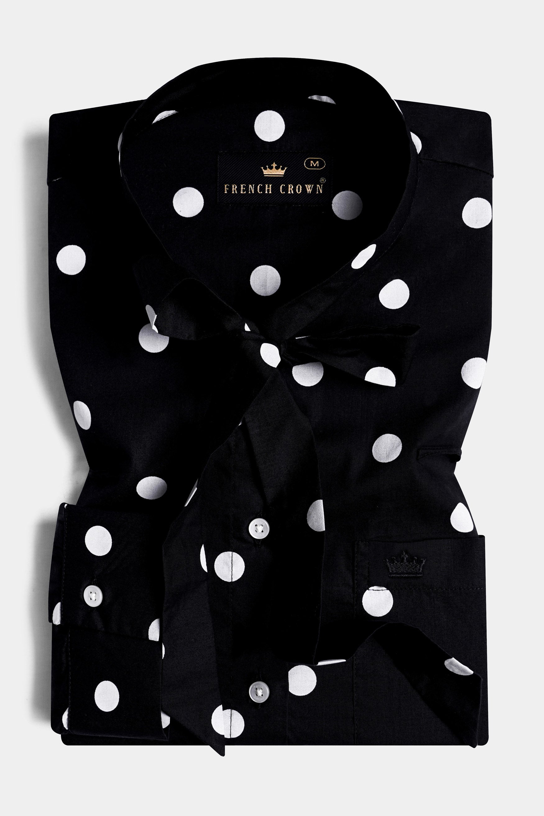 Jade Black and Bright White Polka Dots Premium Cotton Shirt With Tie-up Neck