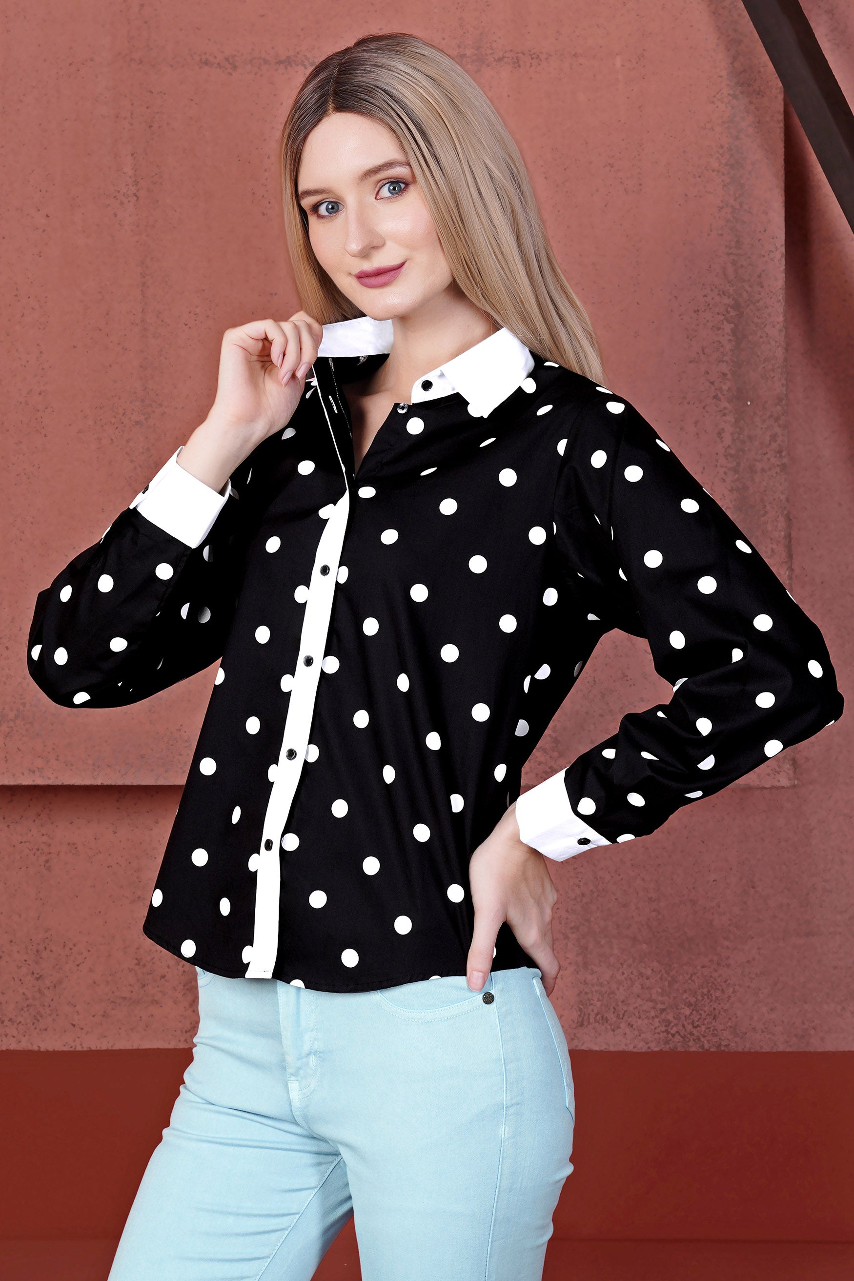 Jade Black and White Polka Dots Premium Cotton Shirt With White Cuff and Collar
