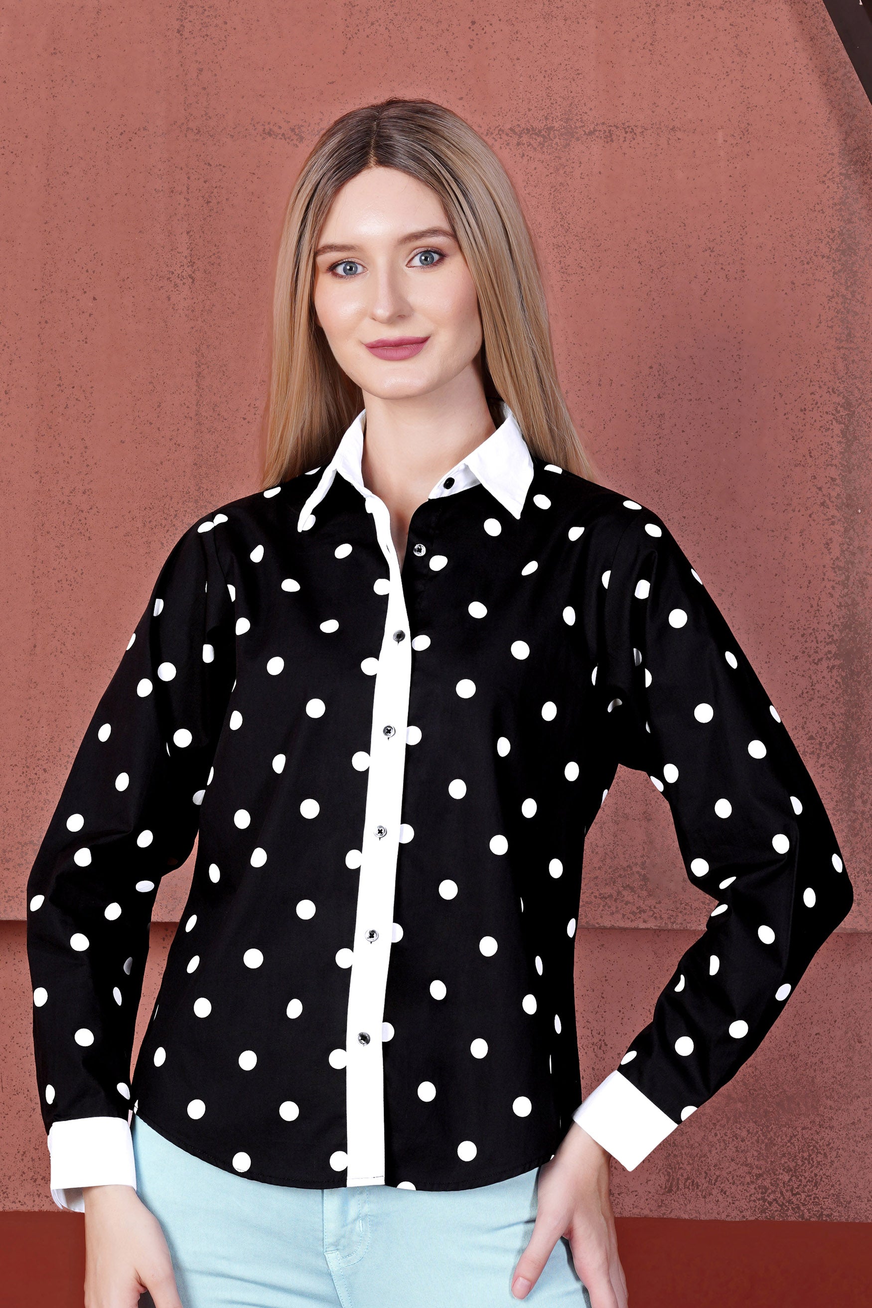 Jade Black and White Polka Dots Premium Cotton Shirt With White Cuff and Collar