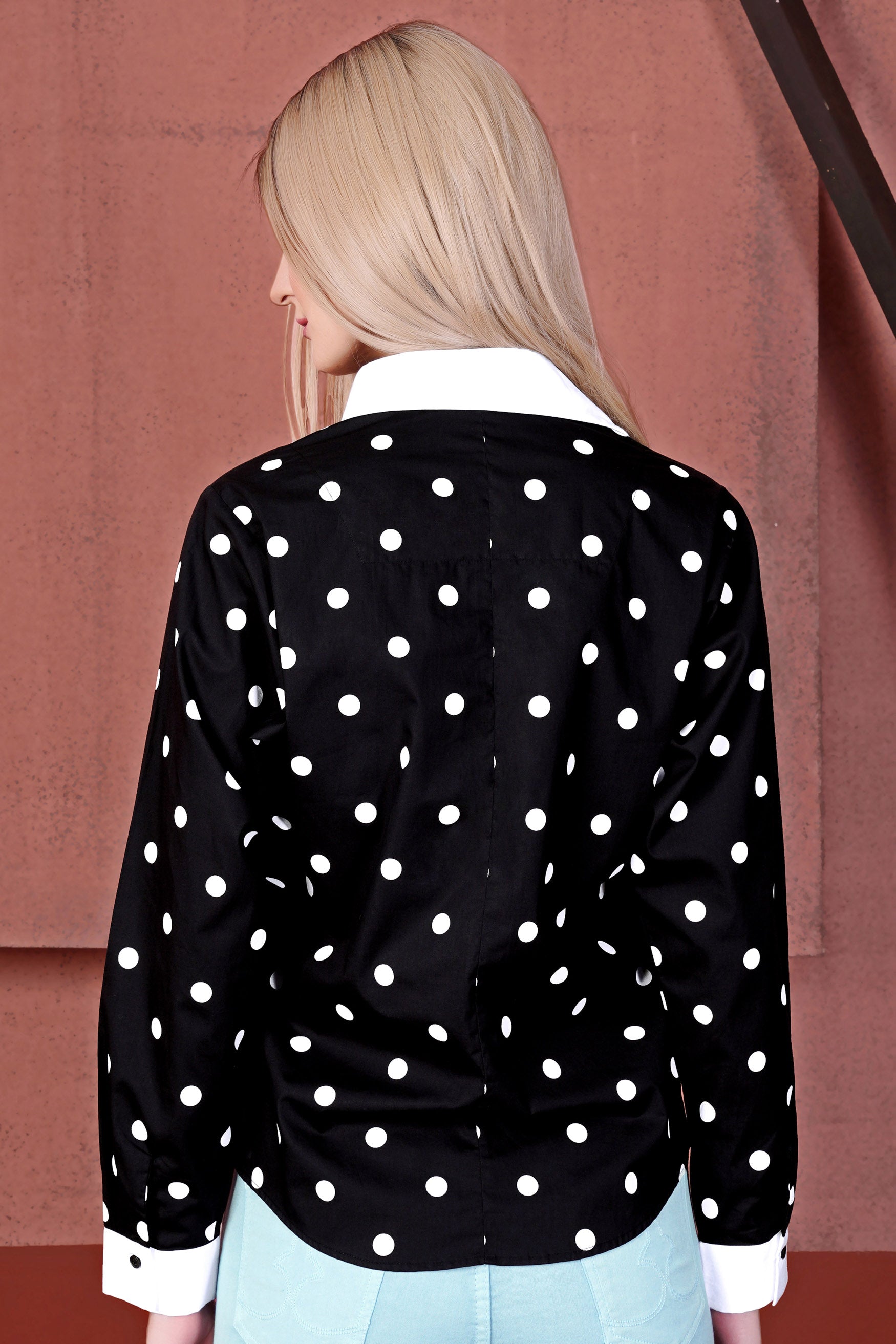 Jade Black and White Polka Dots Premium Cotton Shirt With White Cuff and Collar