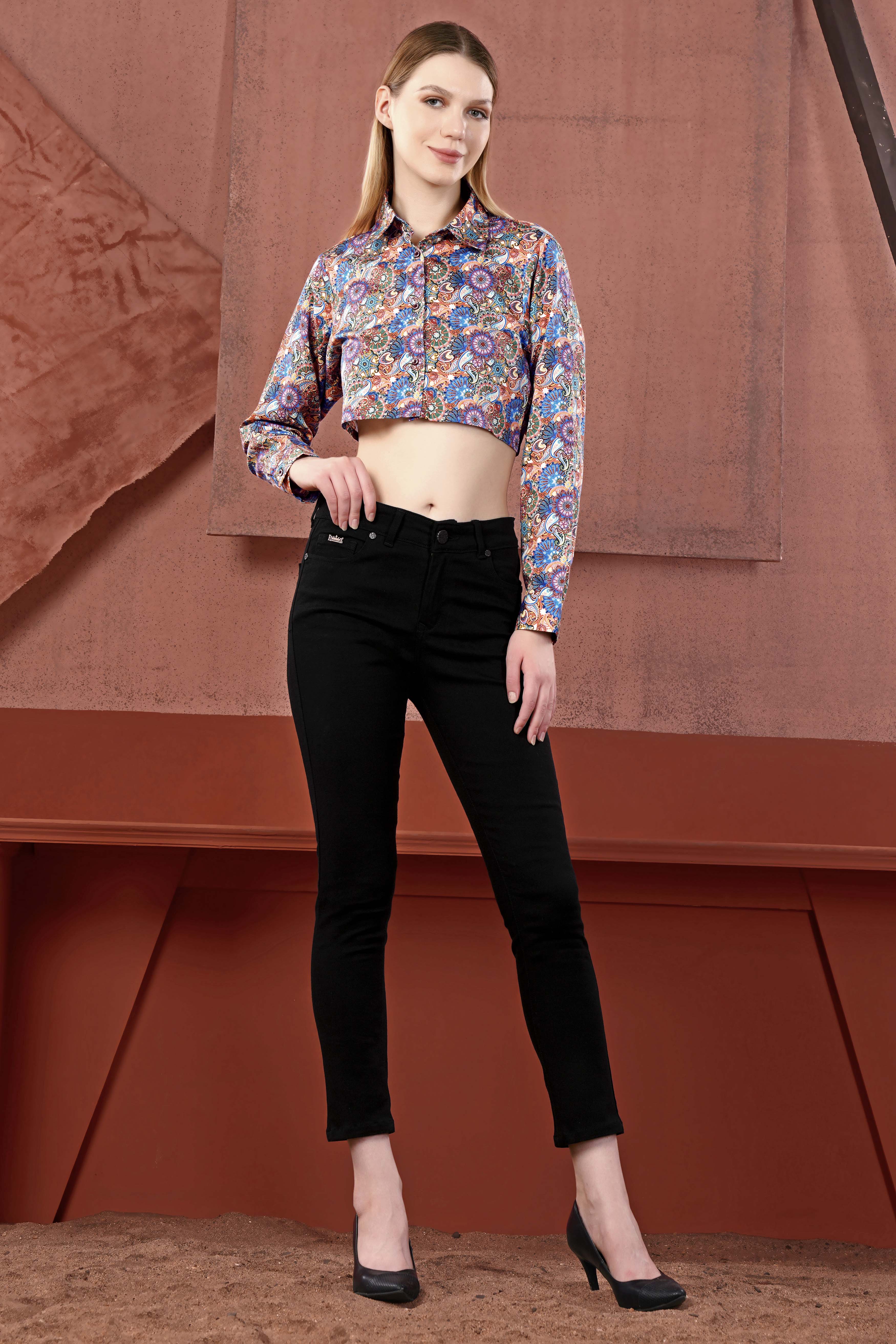 Grape Purple with Viridian Green Multicolour Paisley Printed Premium Cotton Crop Shirt