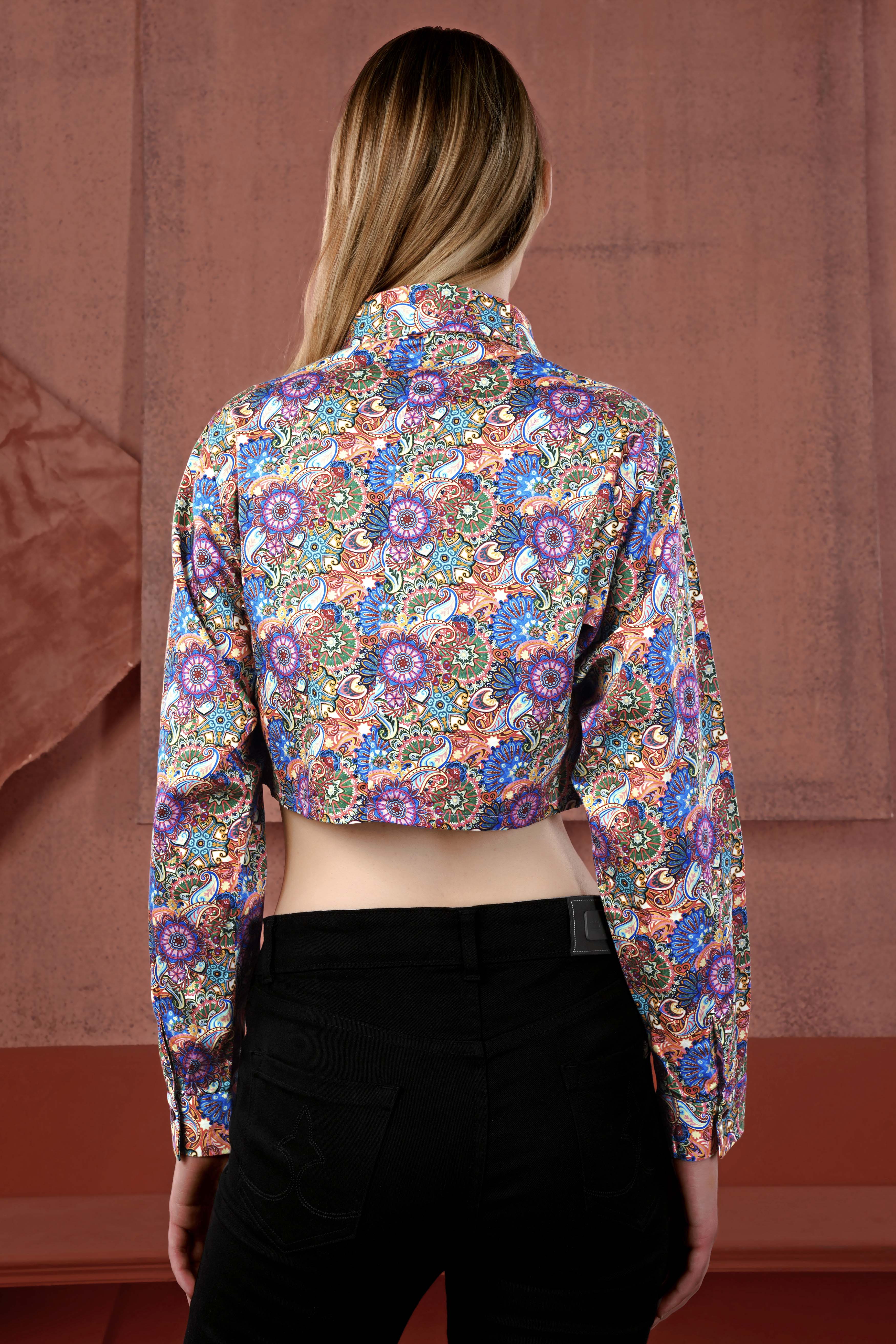 Grape Purple with Viridian Green Multicolour Paisley Printed Premium Cotton Crop Shirt
