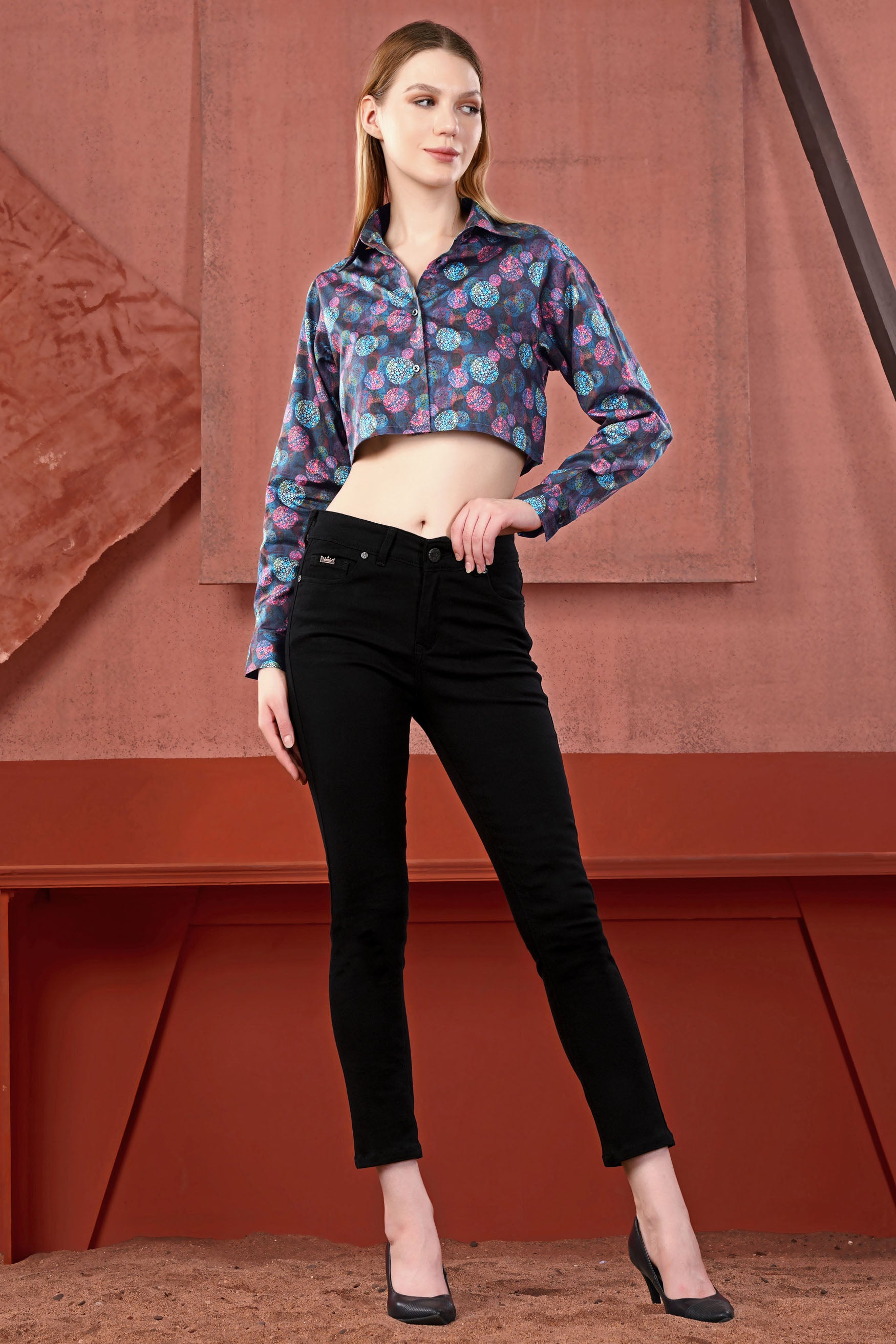 Dianne Blue with Turquoise Blue Abstract Printed Premium Cotton Crop Shirt