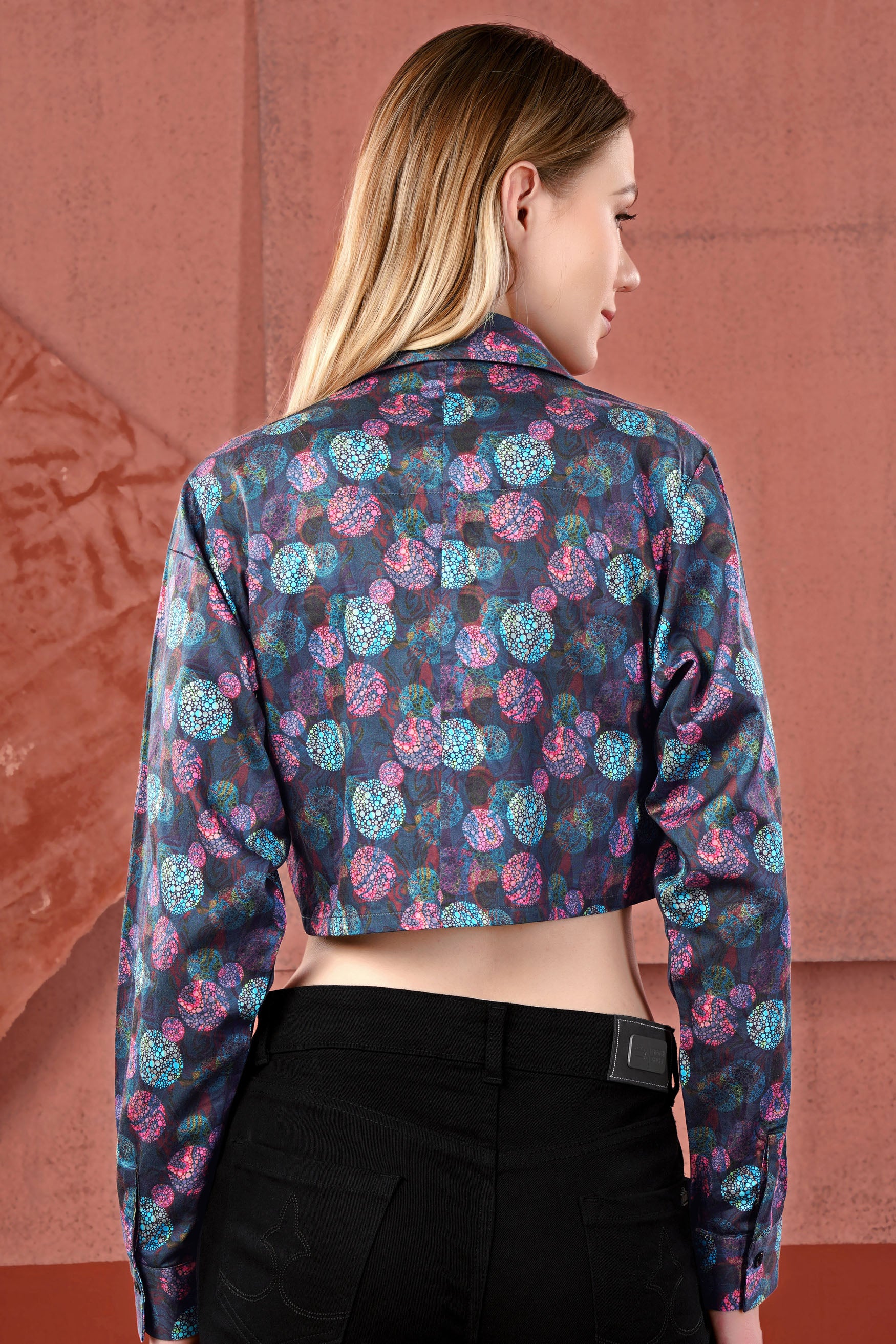 Dianne Blue with Turquoise Blue Abstract Printed Premium Cotton Crop Shirt