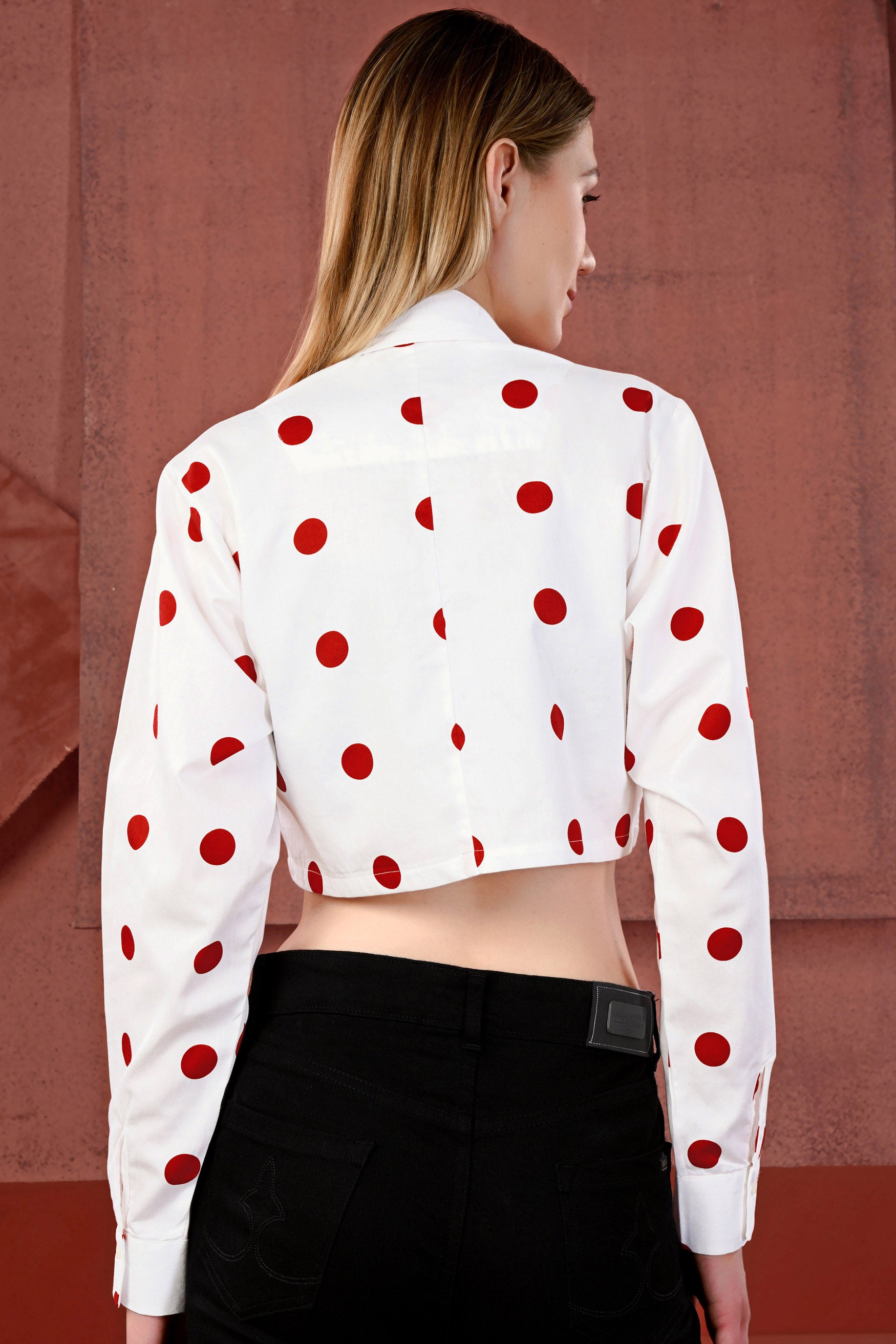 Bright White with Monza Red Polka Dots Premium Cotton Crop Shirt