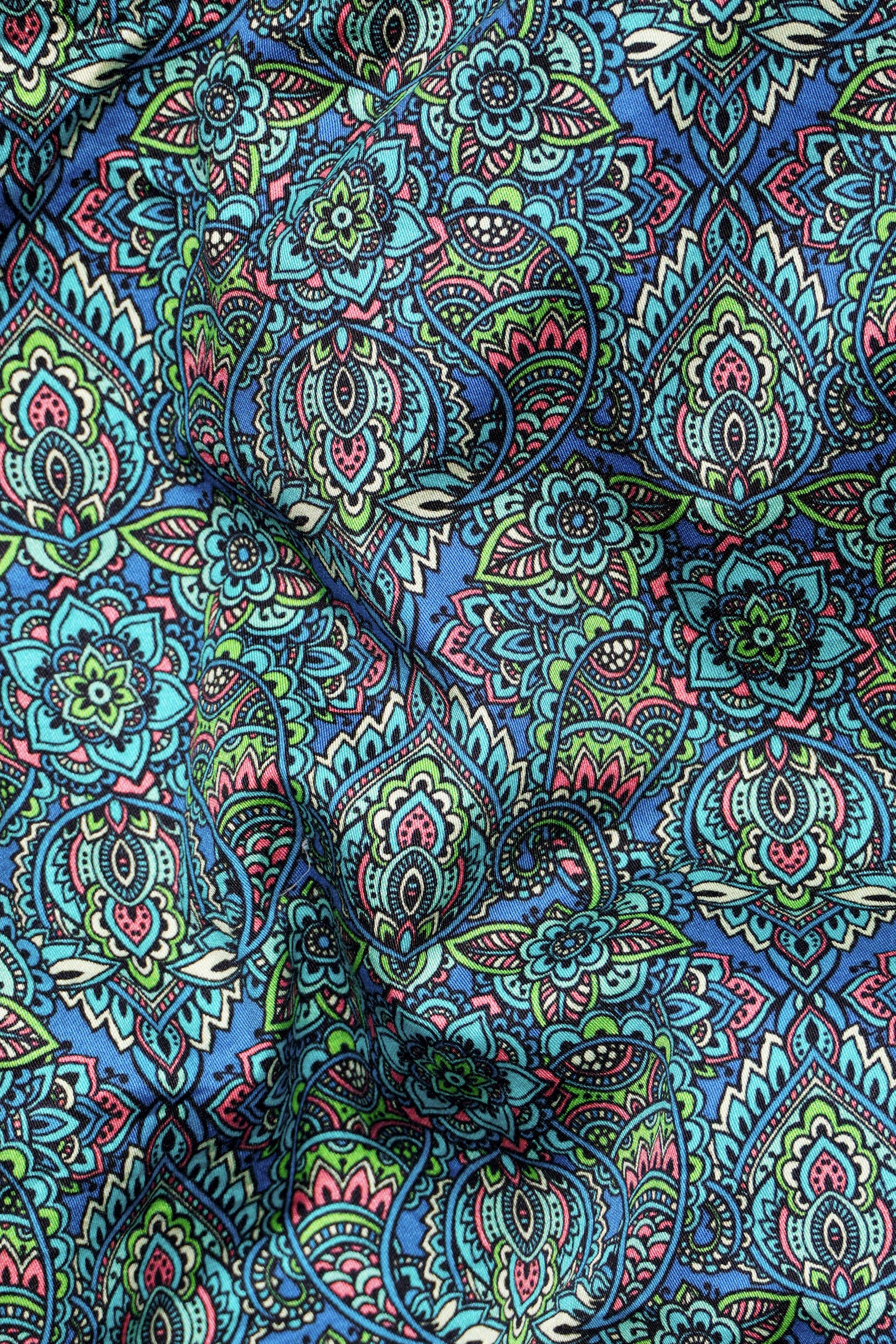 Mariner Blue with Algae Green Paisley Printed Premium Cotton Crop Shirt
