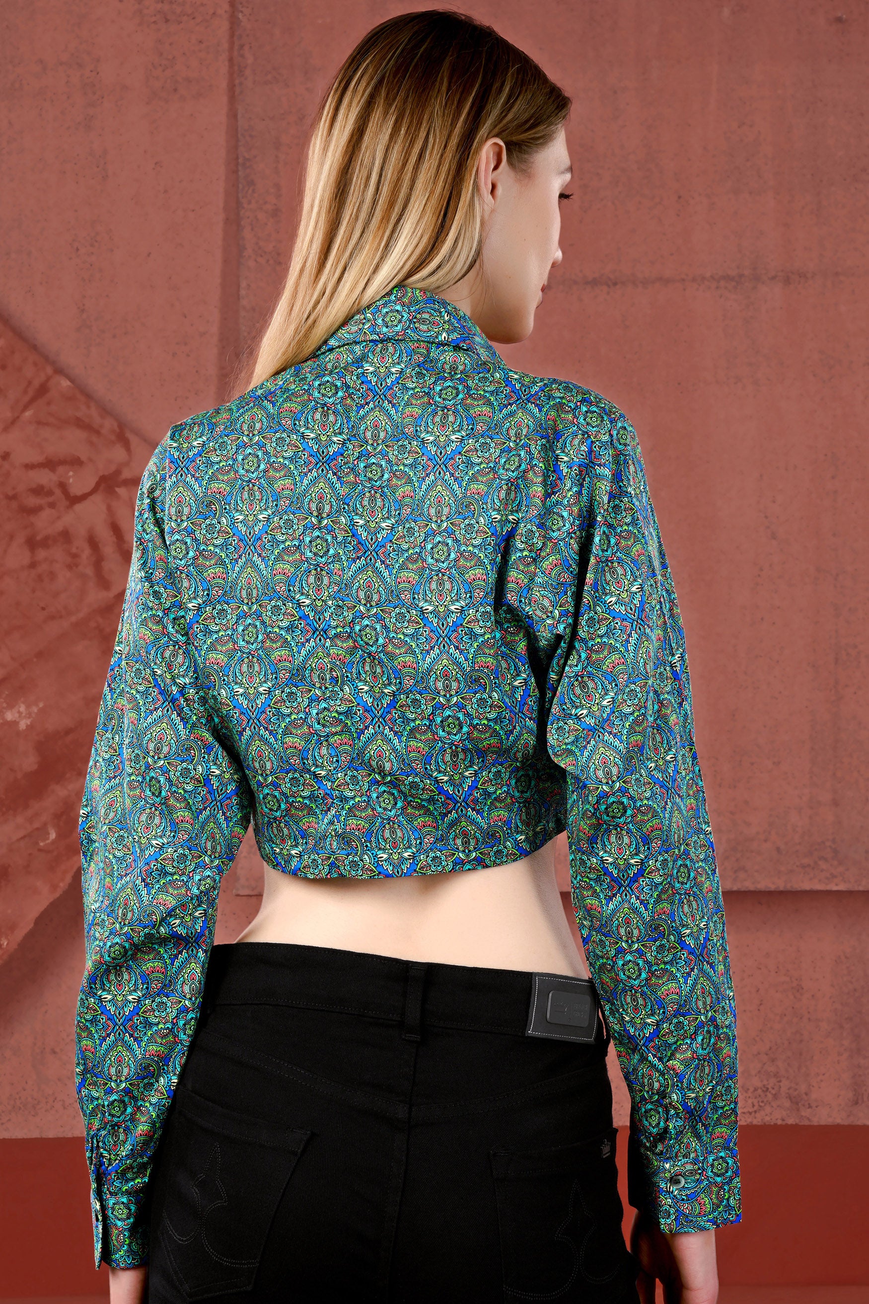 Mariner Blue with Algae Green Paisley Printed Premium Cotton Crop Shirt