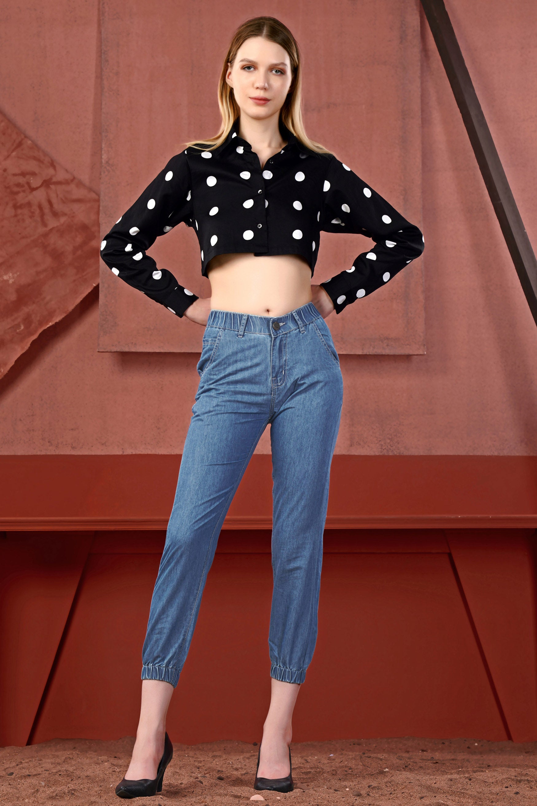 Jade Black and White Polka Dots Premium Cotton Crop Shirt