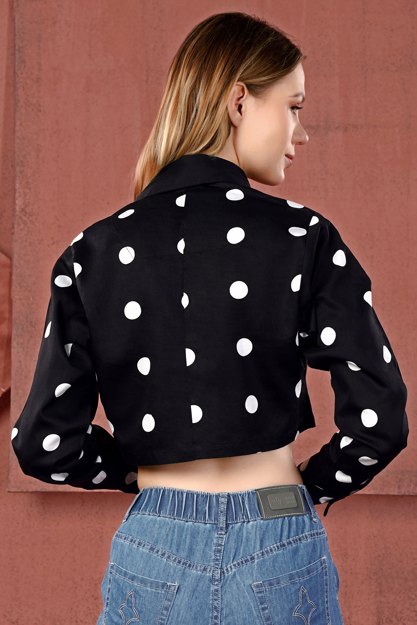 Jade Black and White Polka Dots Premium Cotton Crop Shirt