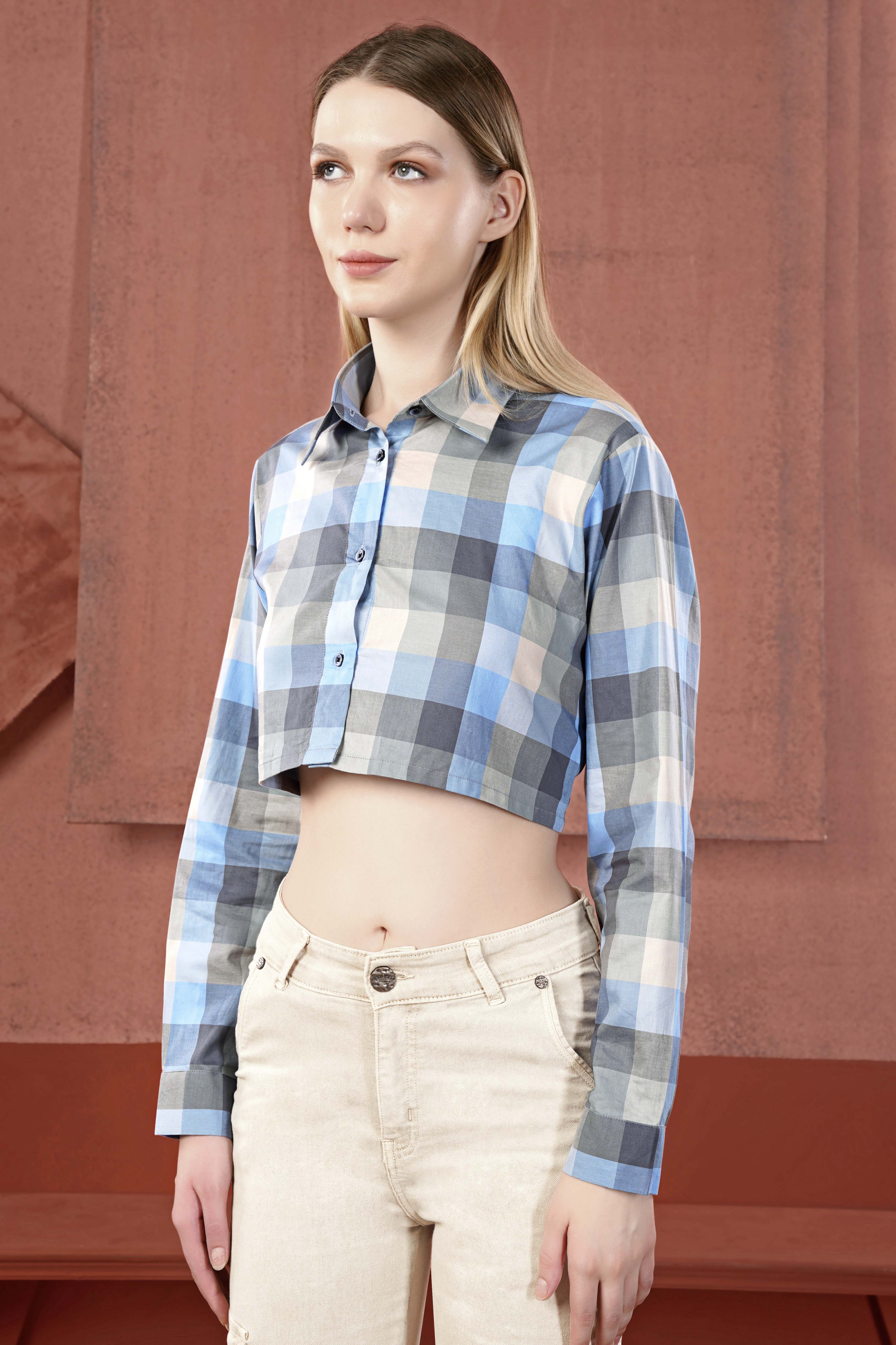 Chateau Gray with Glacier Blue Multicolour Checked Premium Cotton Crop Shirt