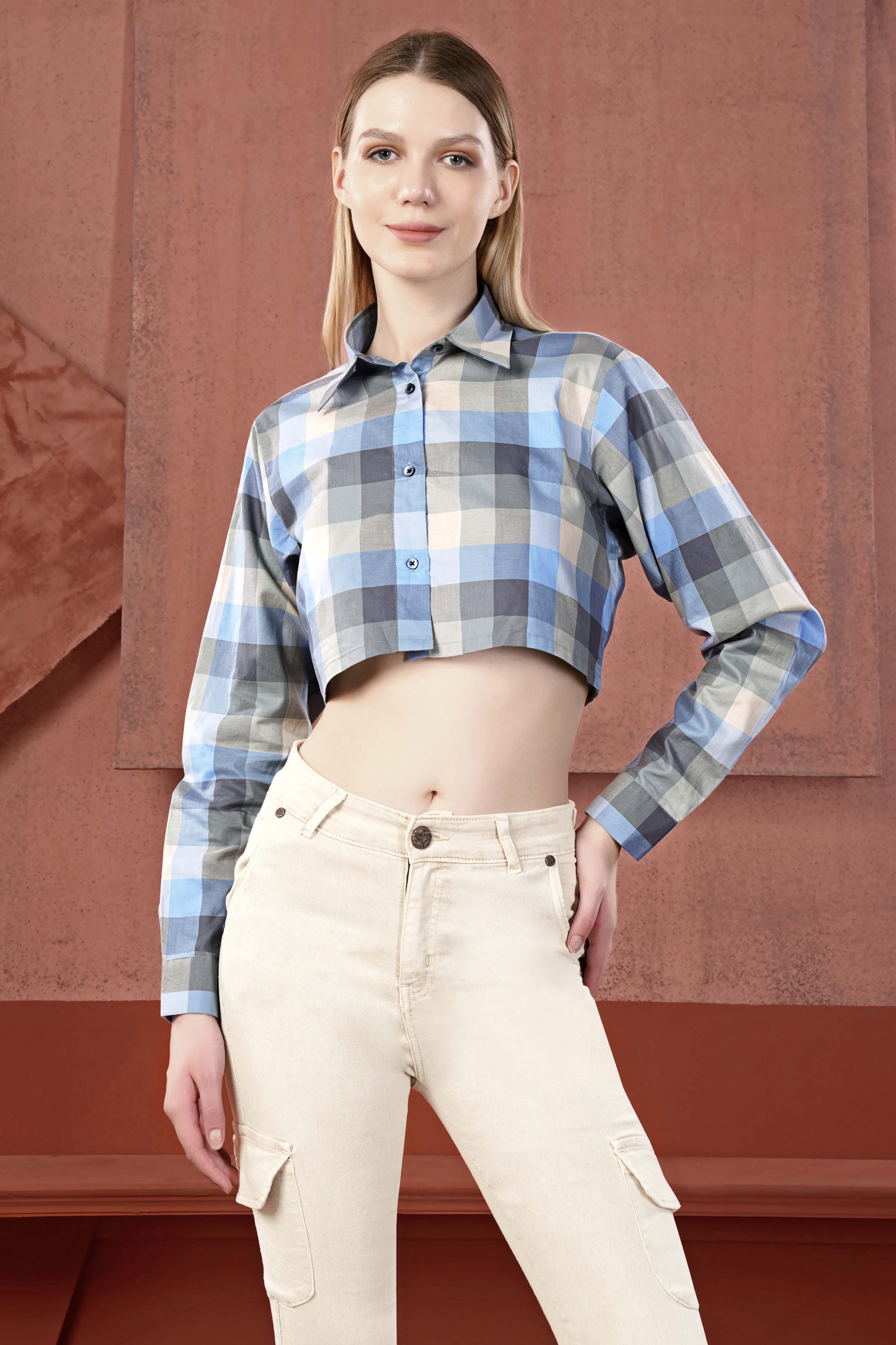 Chateau Gray with Glacier Blue Multicolour Checked Premium Cotton Crop Shirt