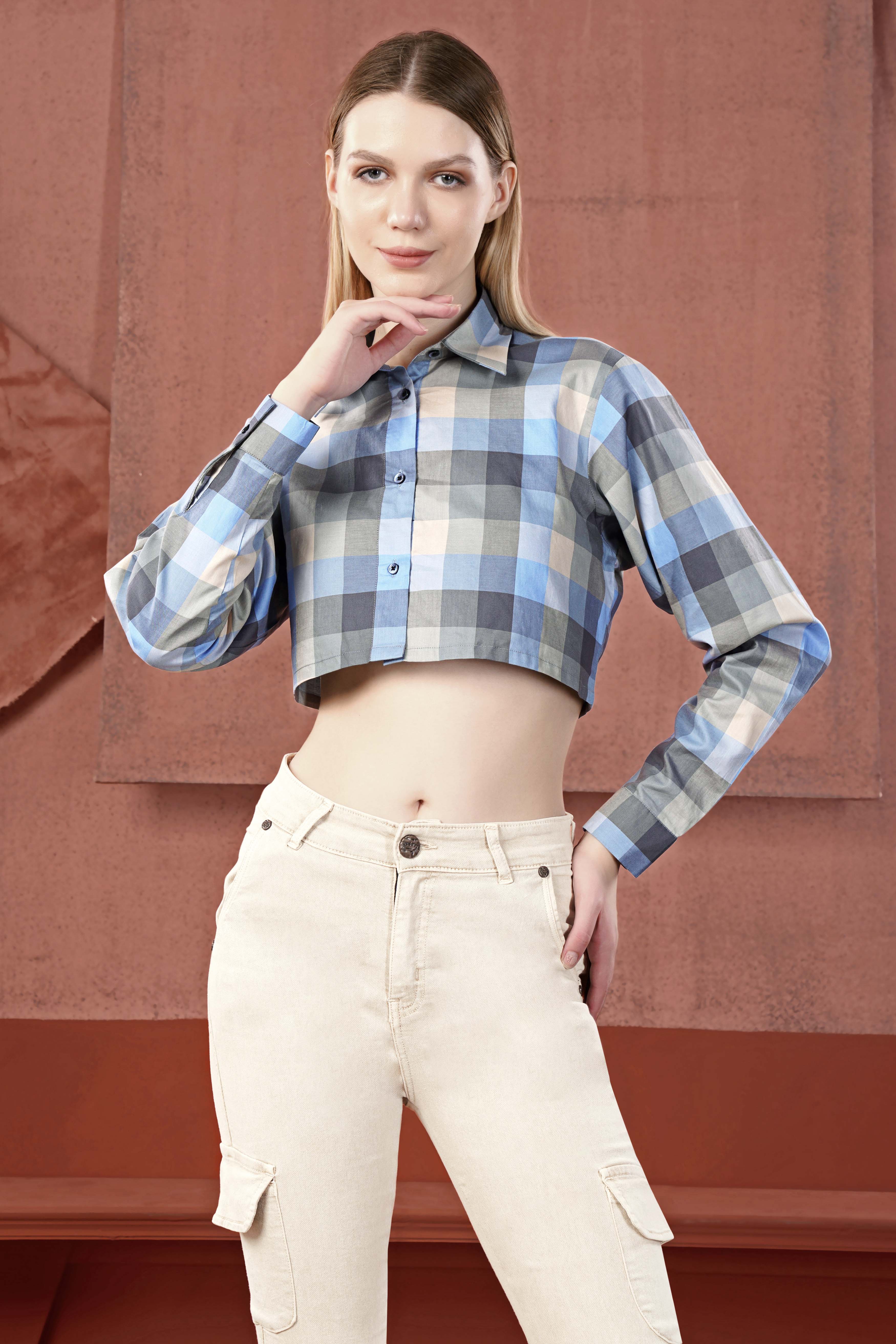 Chateau Gray with Glacier Blue Multicolour Checked Premium Cotton Crop Shirt