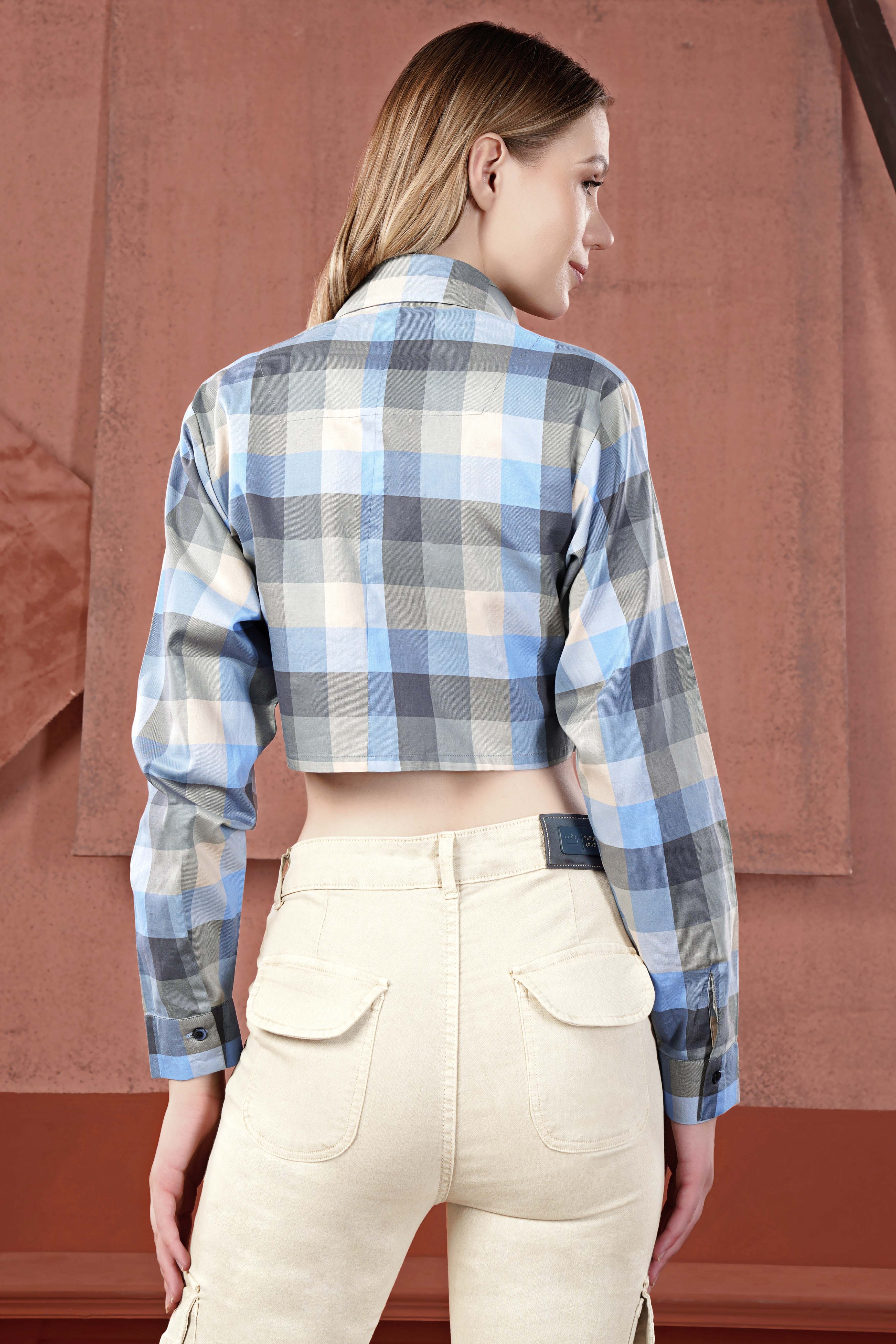 Chateau Gray with Glacier Blue Multicolour Checked Premium Cotton Crop Shirt